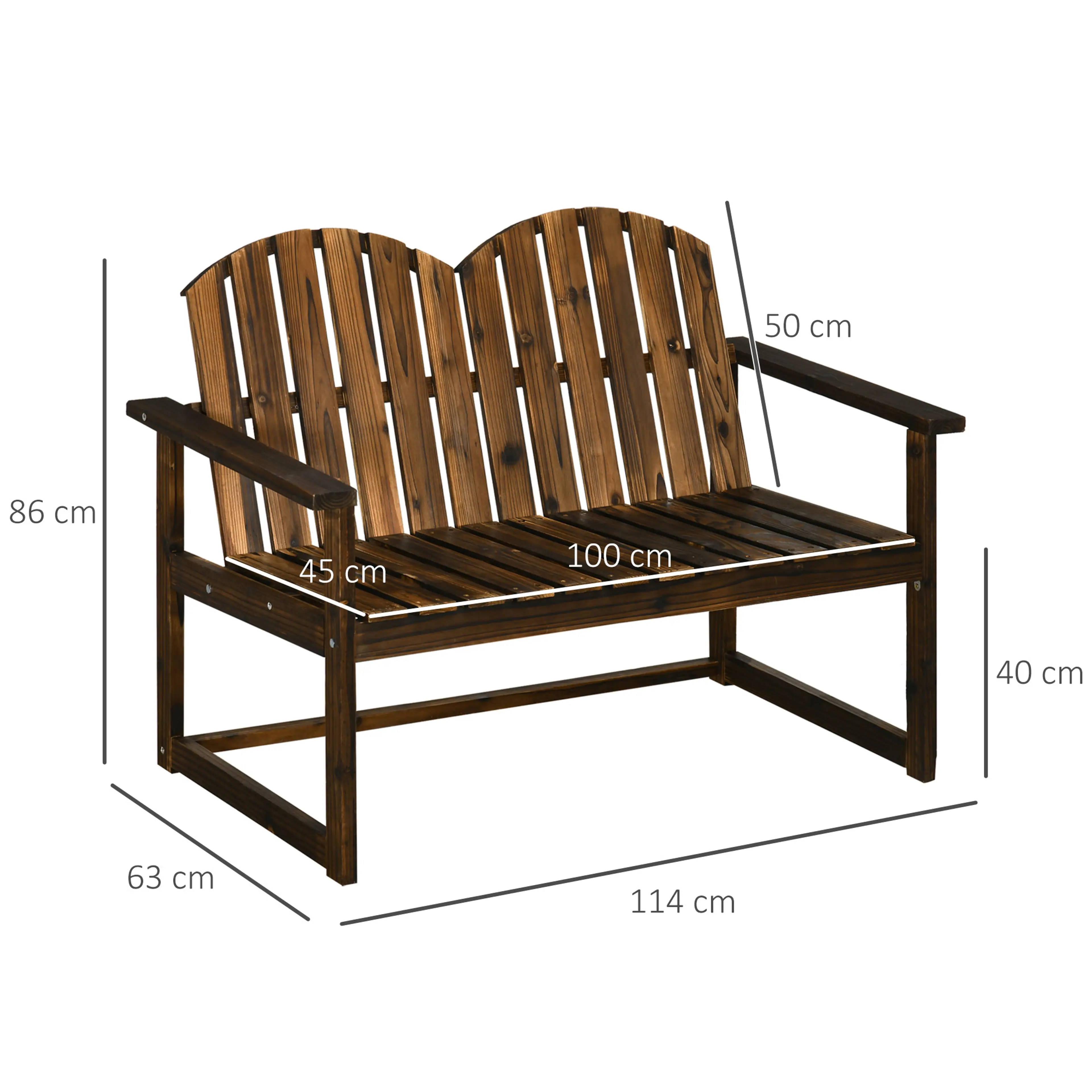 Måttskiss: 114 cm lång, 63 cm djup, 86 cm hög, ryggstöd 100 × 50 cm och sitthöjd 40 cm