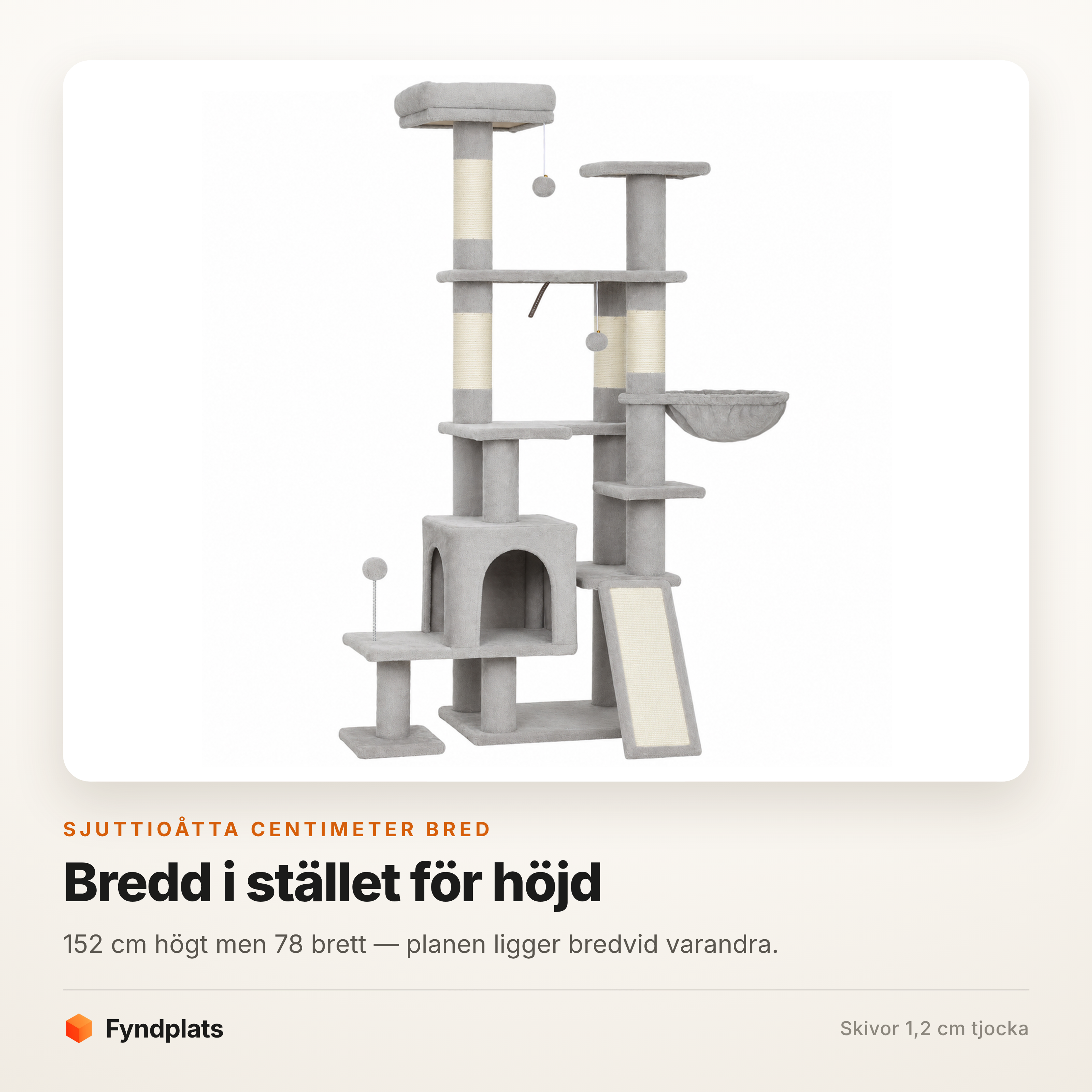 Klösträd 152 cm med bred bas – grotta, hängmatta och sisalstege – bild 2