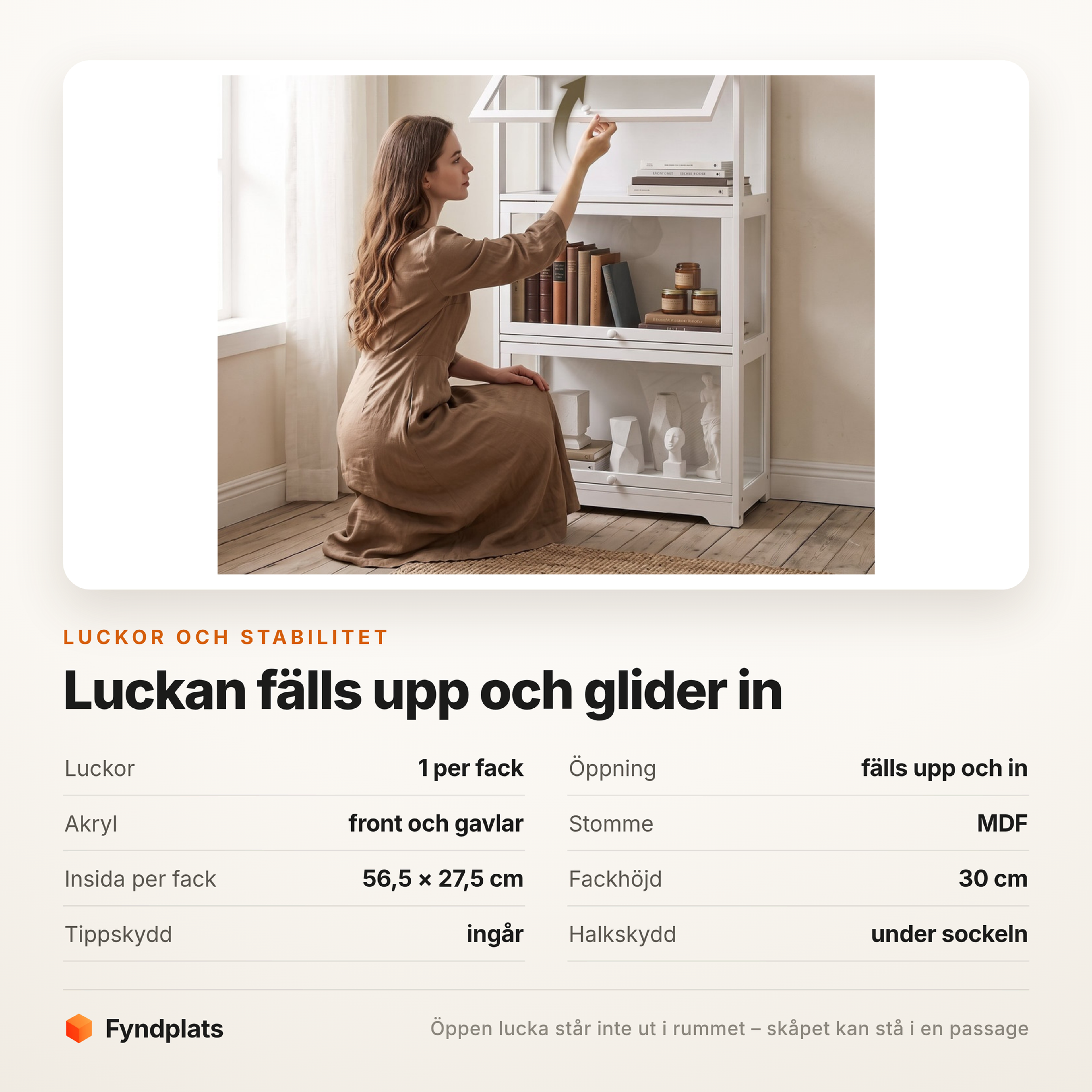 Specifikationskort om luckan som fälls upp, akrylsidorna och tippskyddet