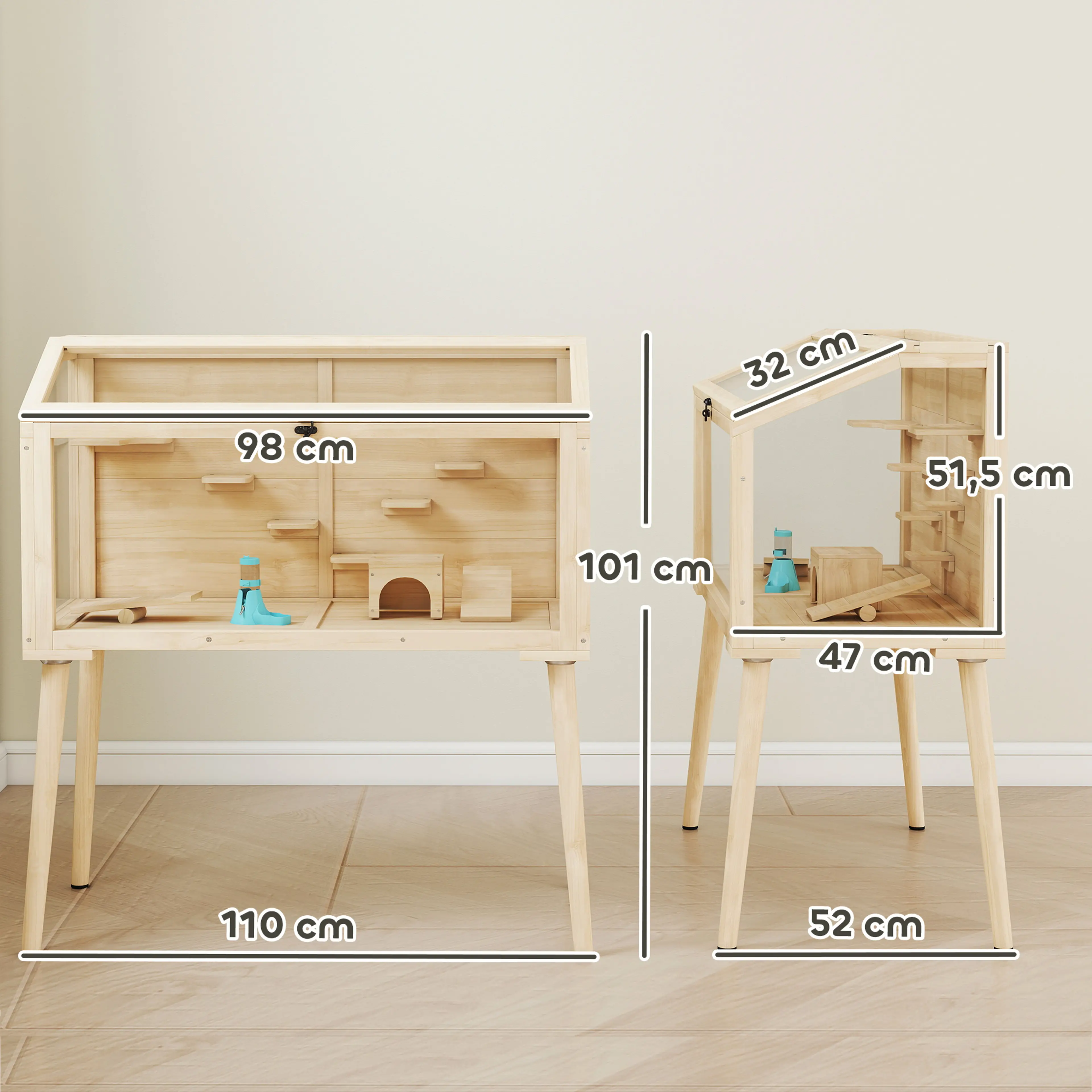 Stor hamsterbur 110 cm i trä på ben, ett öppet plan – bild 6