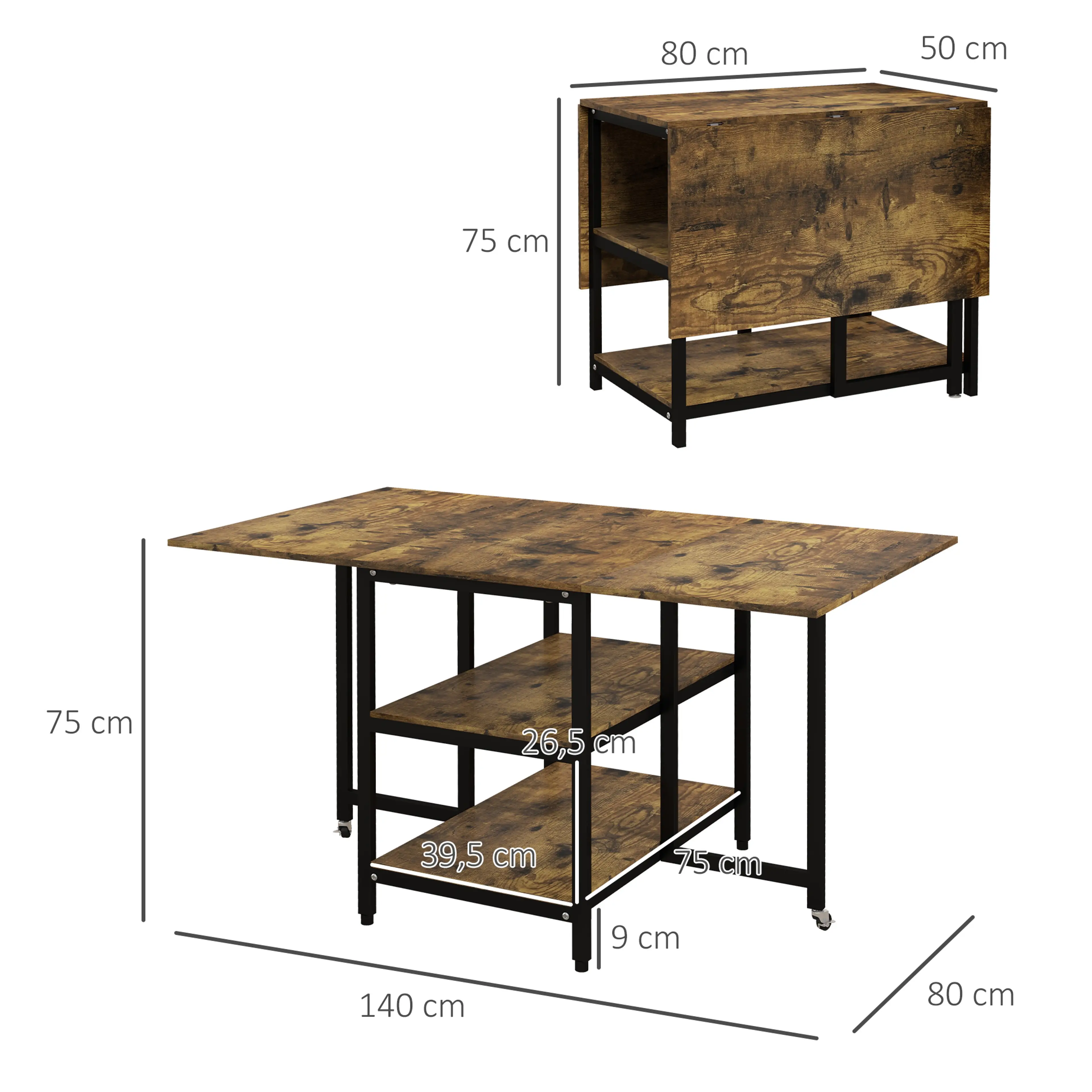 Måttritning för bordet: 140 × 80 cm utfällt, 50 cm hopfällt och hyllplan 39,5 cm