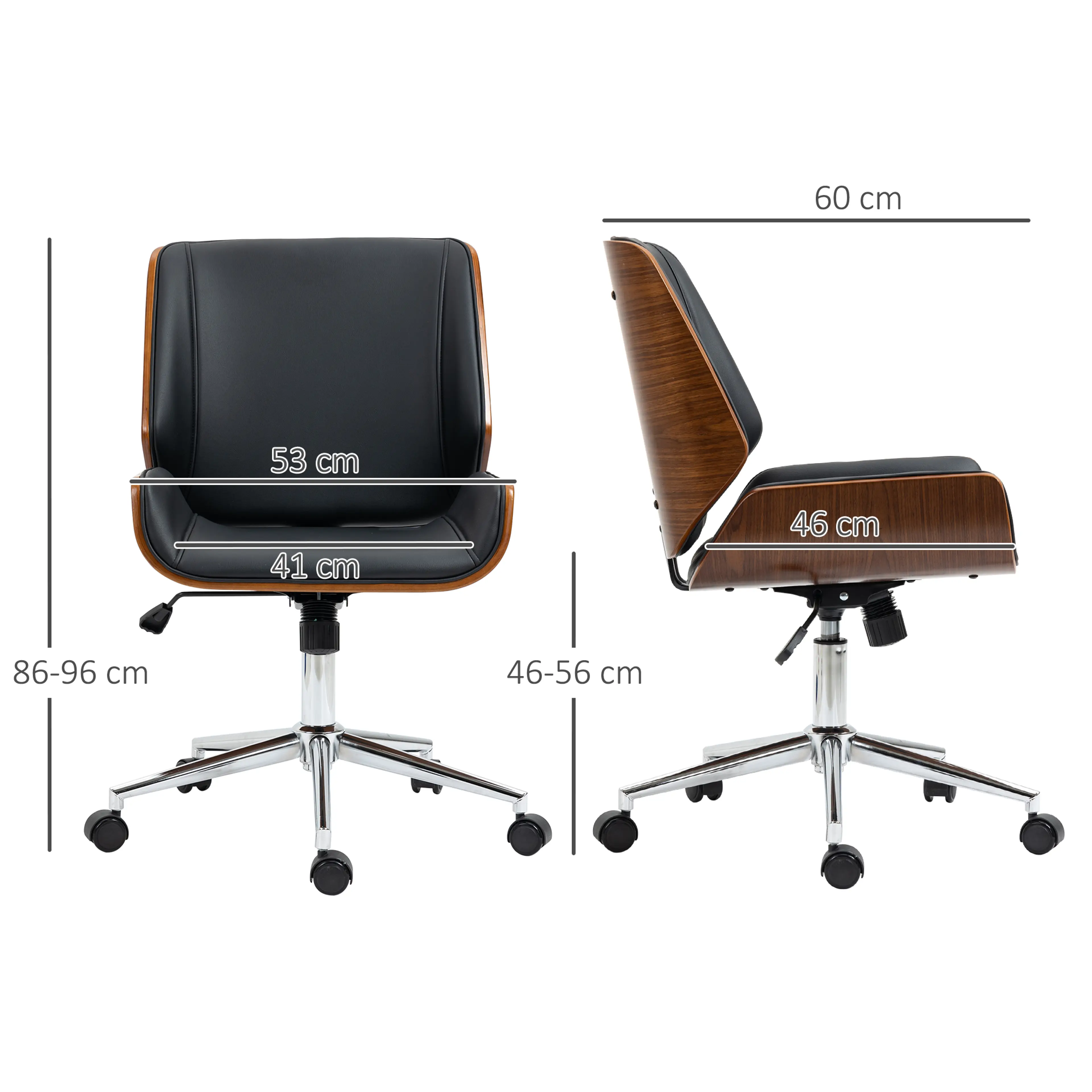 Måttritning med bredd 53 cm, djup 60 cm, höjd 86–96 cm och sitthöjd 46–56 cm