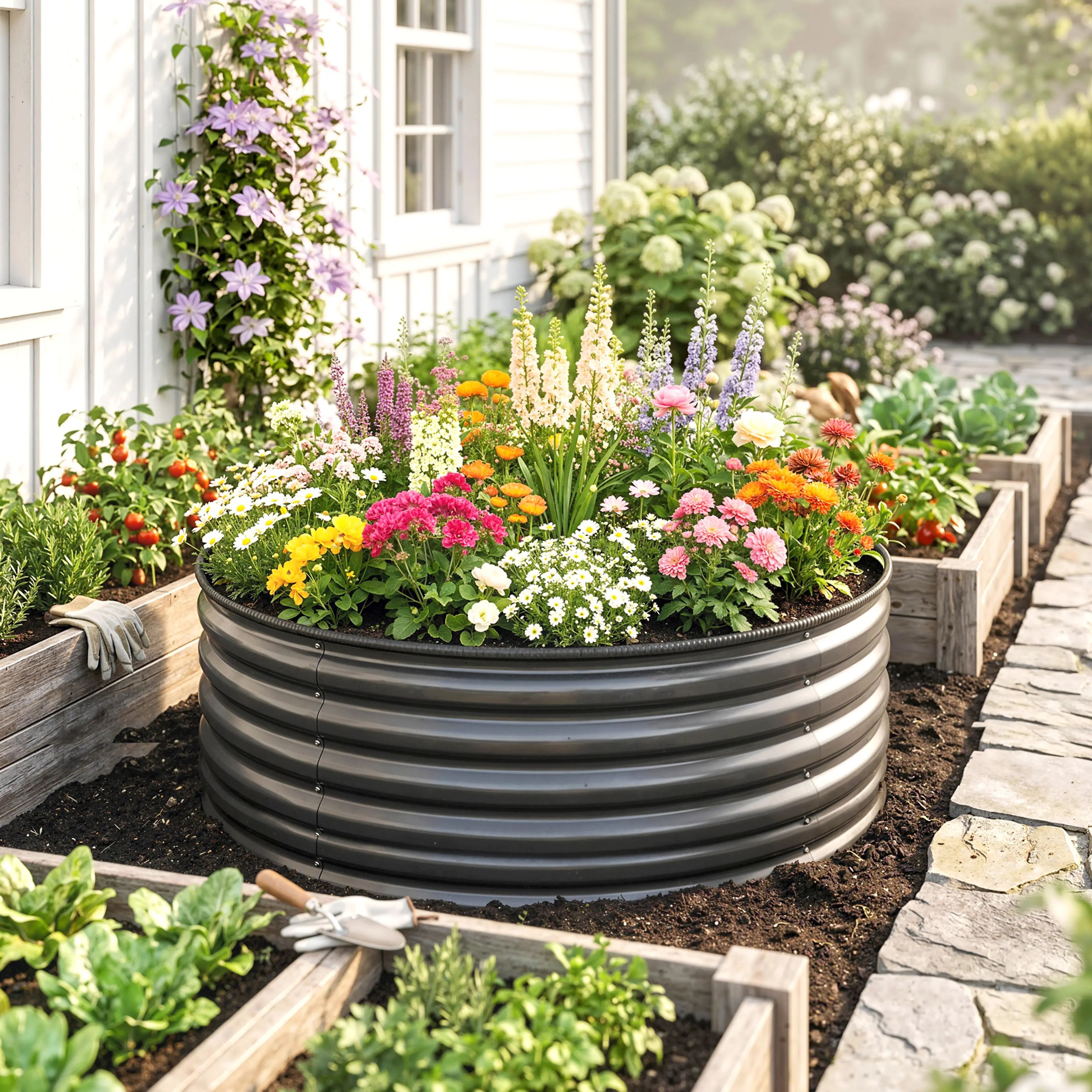 Den runda odlingslådan planterad med blommor bredvid en rabatt i en trädgård