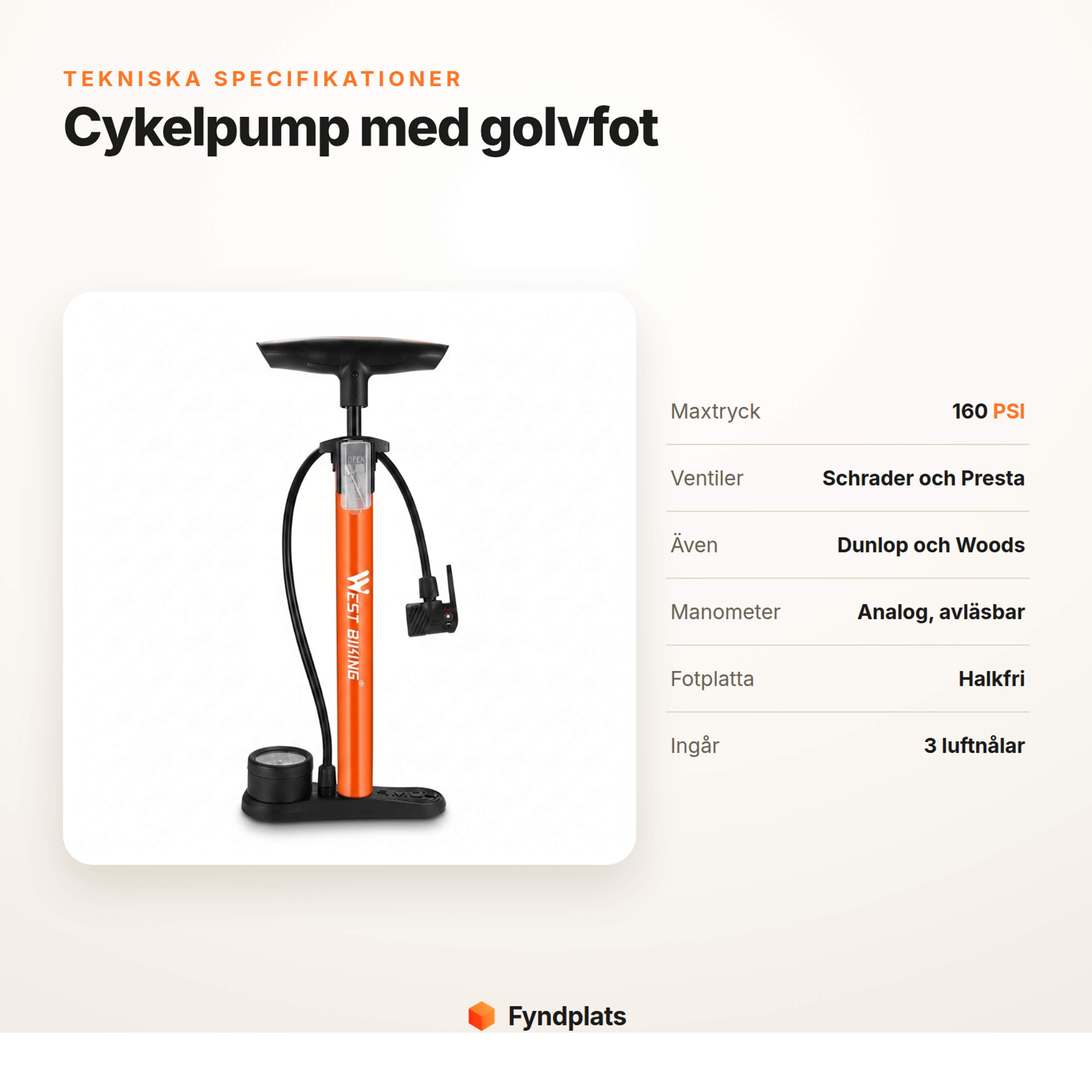 Fyndplats specifikationskort för cykelpumpen med maxtryck, ventiltyper och medföljande luftnålar