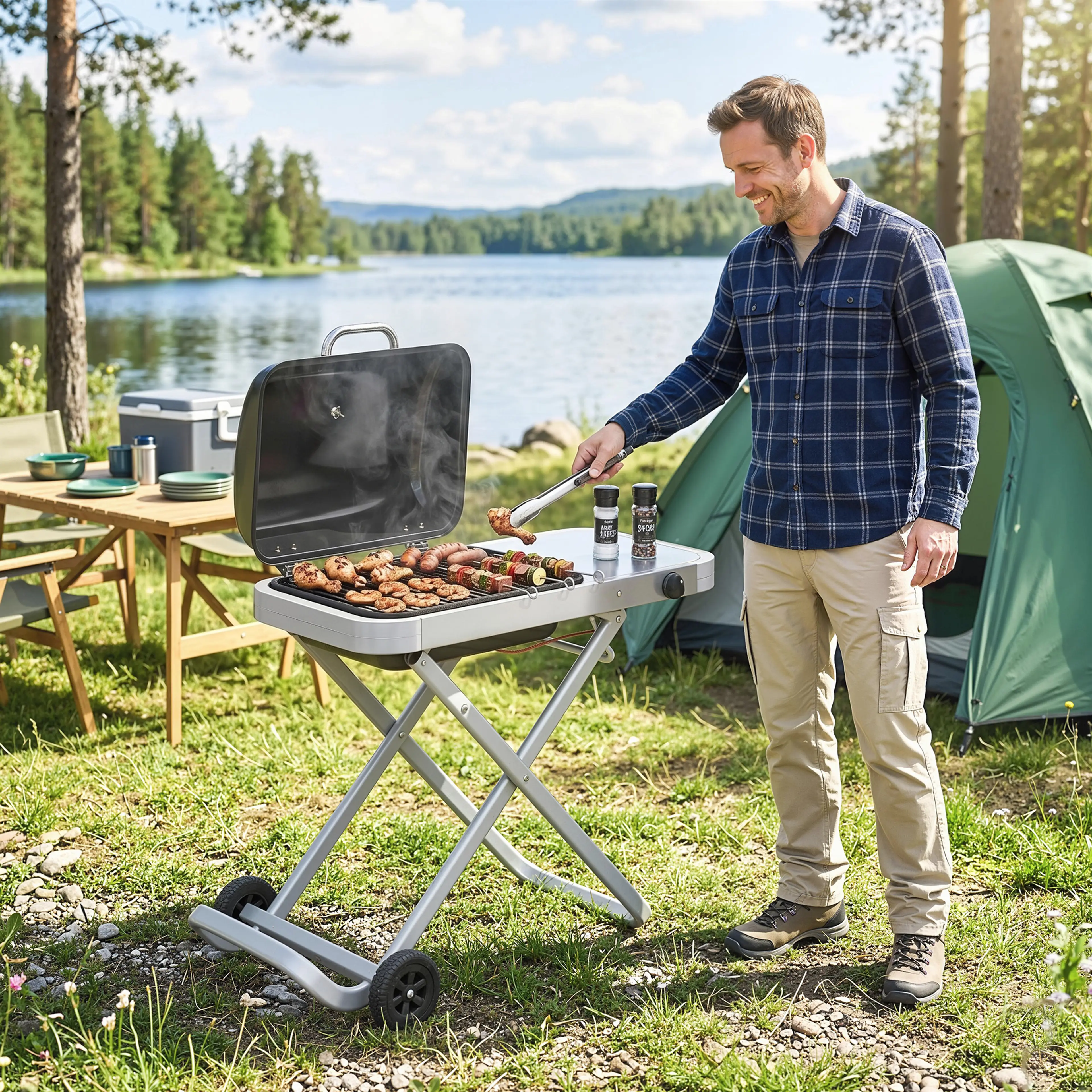 Gasolgrillen uppställd vid en sjö bredvid ett tält