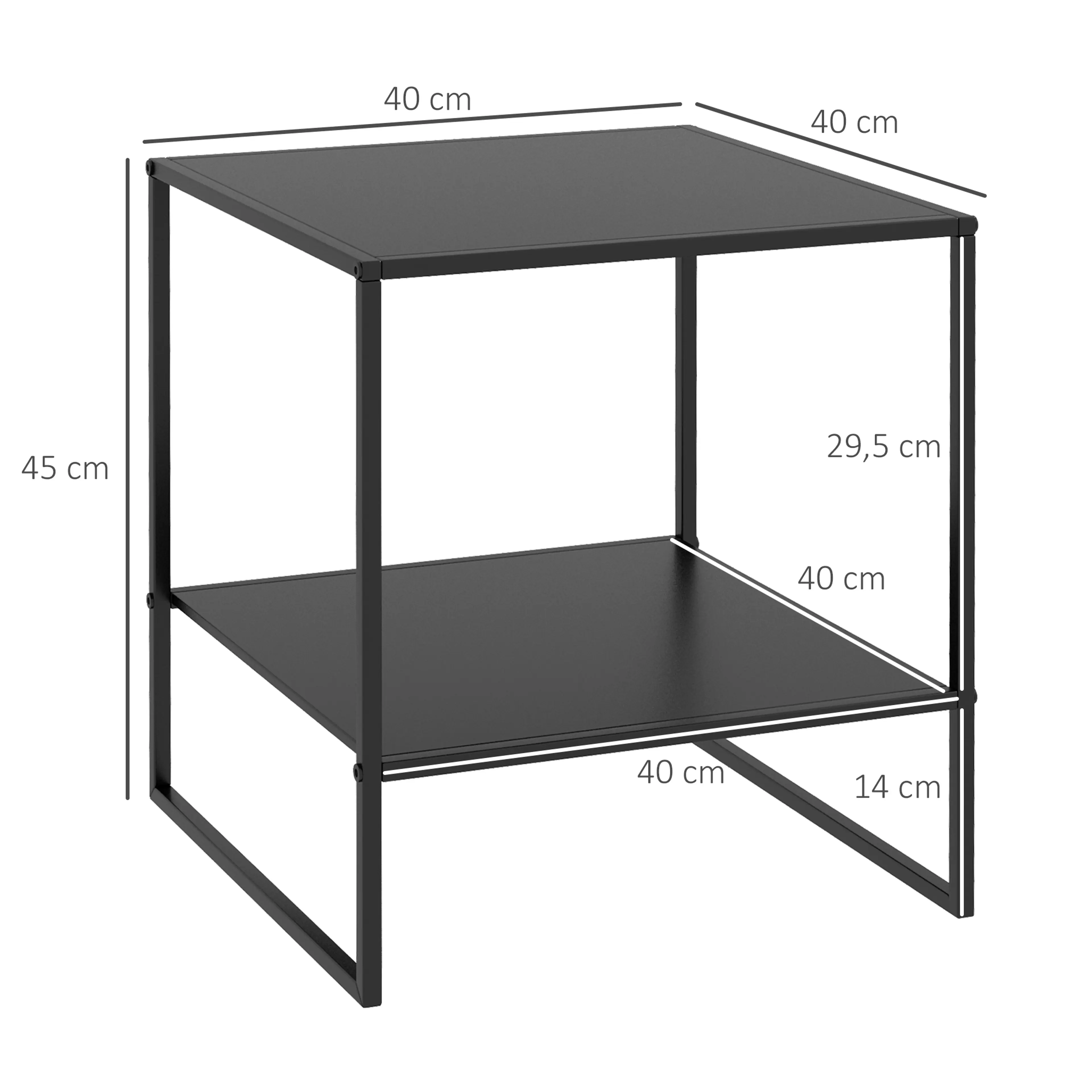 Måttbild: sidobordet är 40 × 40 cm och 45 cm högt, med 29,5 cm mellan planen och 14 cm under hyllan