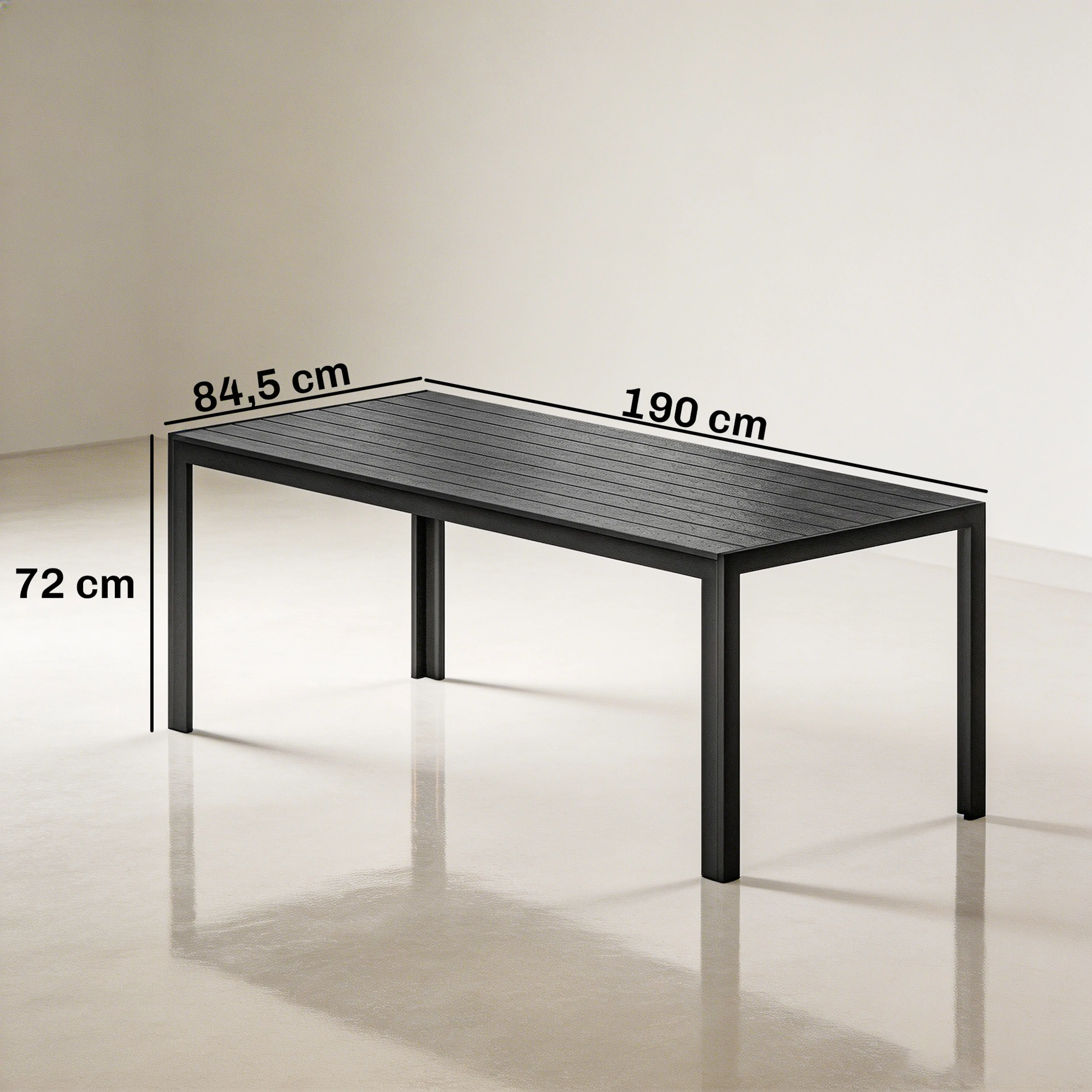 Måttbild: bordet är 190 cm långt, 84,5 cm brett och 72 cm högt