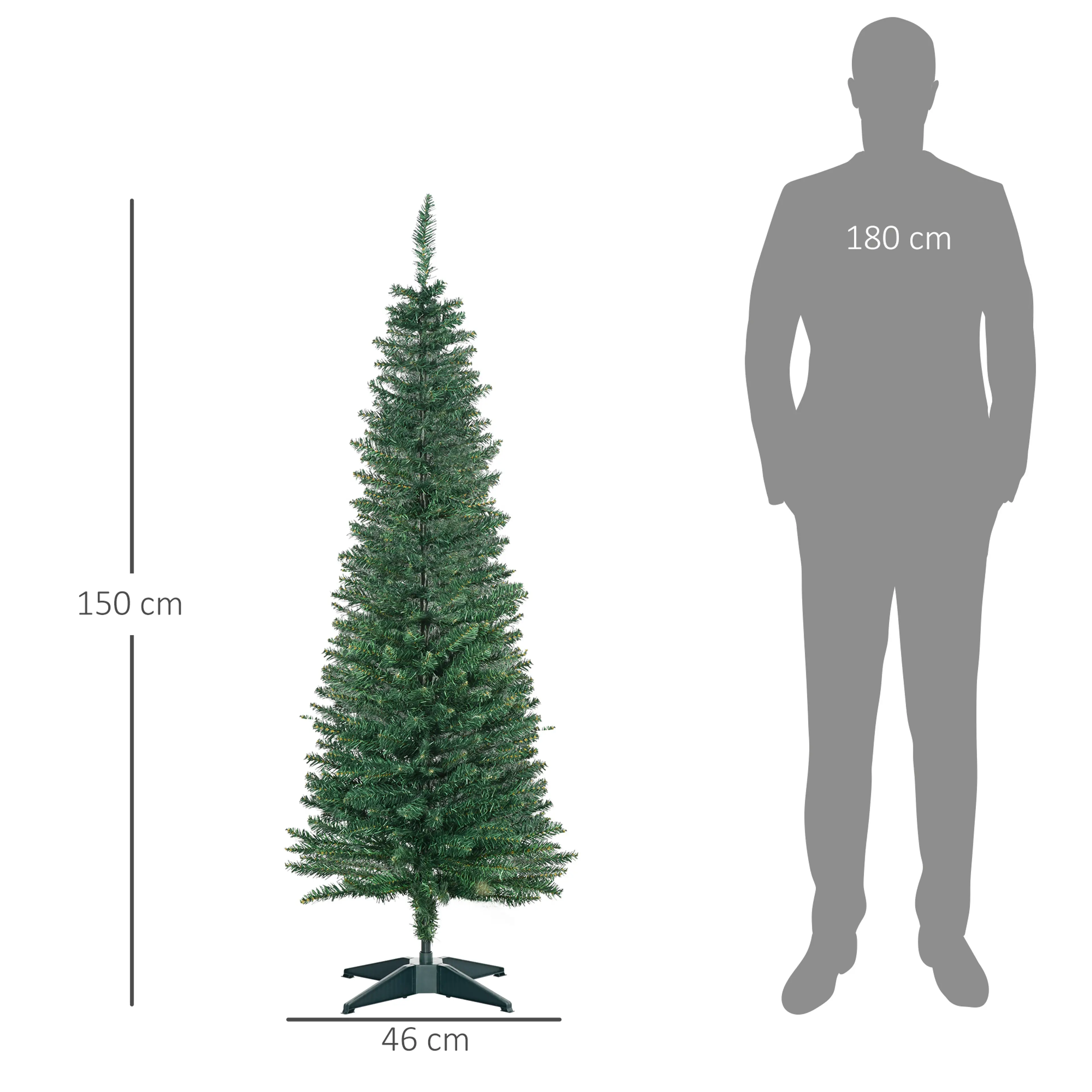 Måttbild med höjden 150 cm och diametern 46 cm bredvid en mänsklig siluett