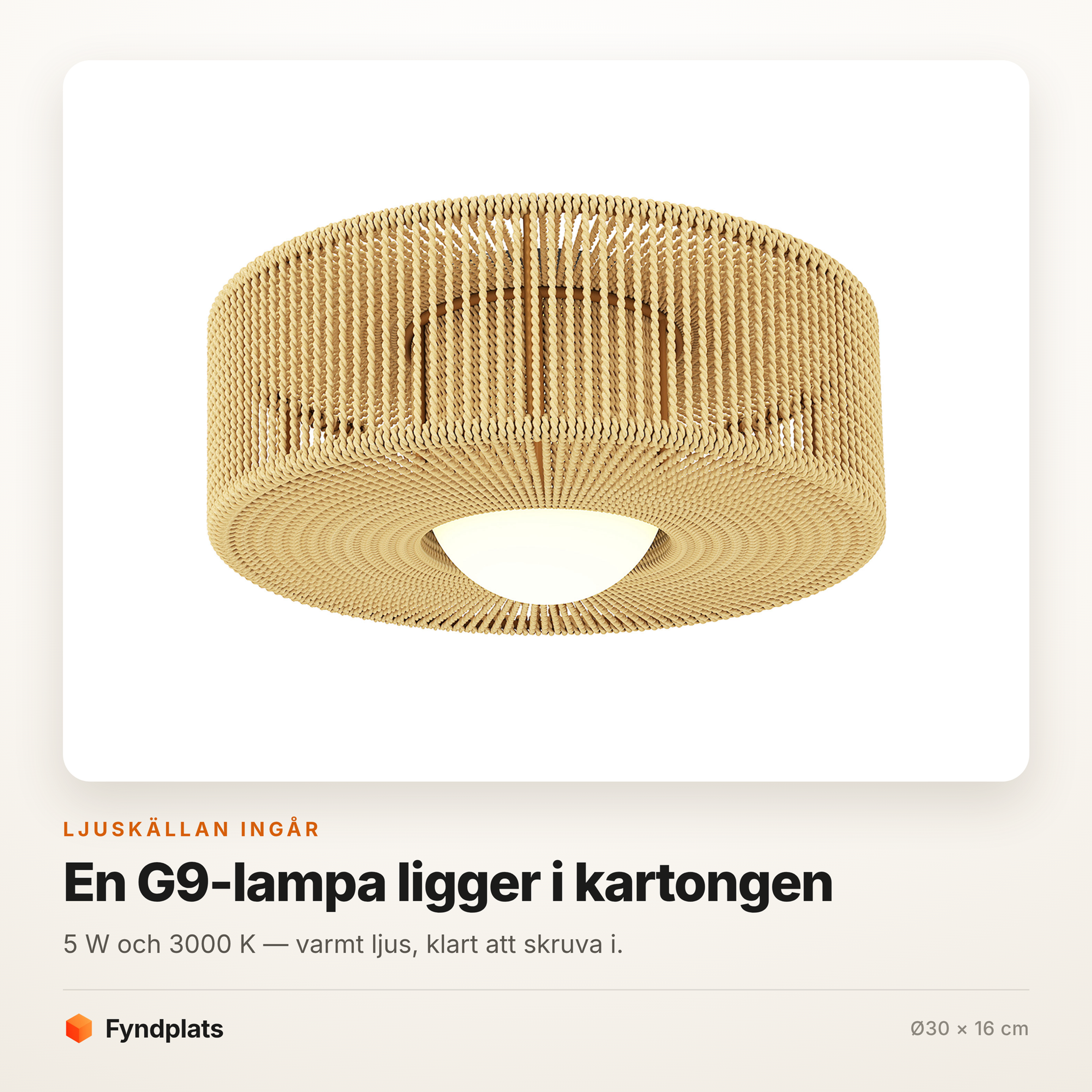 Taklampa i hampsnöre Ø30 cm – G9-lampa ingår, 3000 K, boho – bild 2