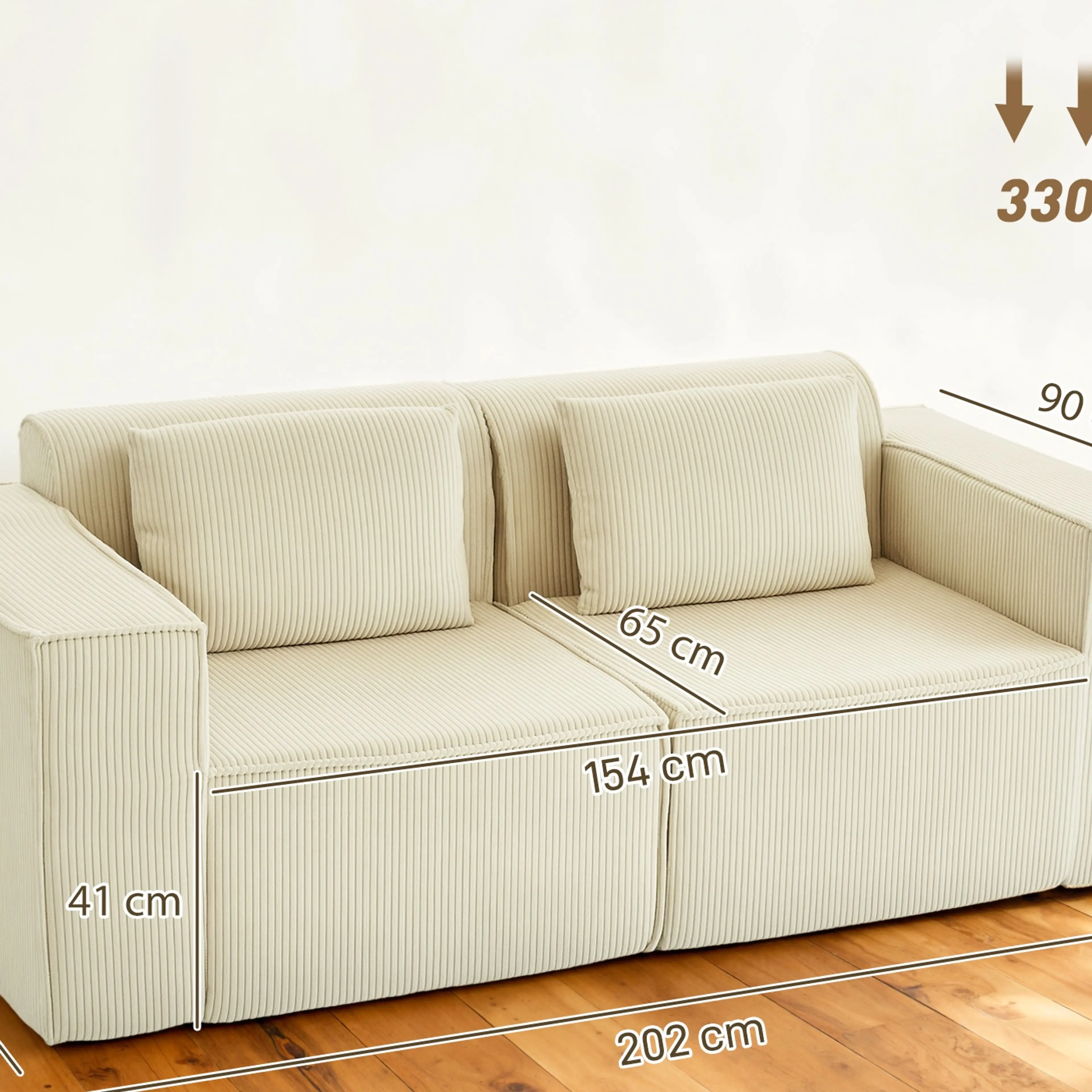 Måttskiss: 202 cm bred, 90 cm djup, 76 cm hög, sits 154 × 65 cm och 41 cm sitthöjd
