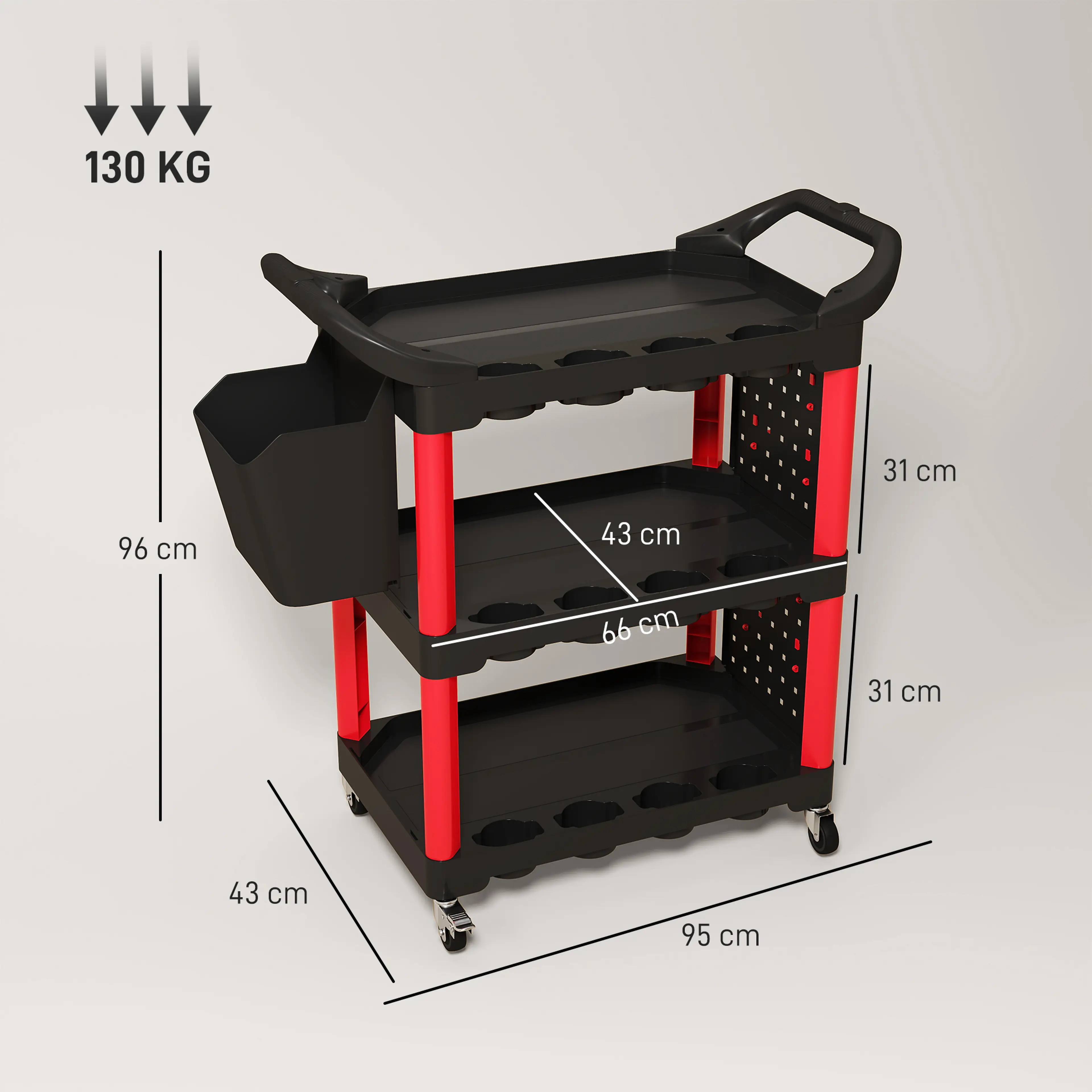 Måttskiss över verktygsvagnen: 95 × 43 × 96 cm, hyllplan 66 × 43 cm och 31 cm mellan planen
