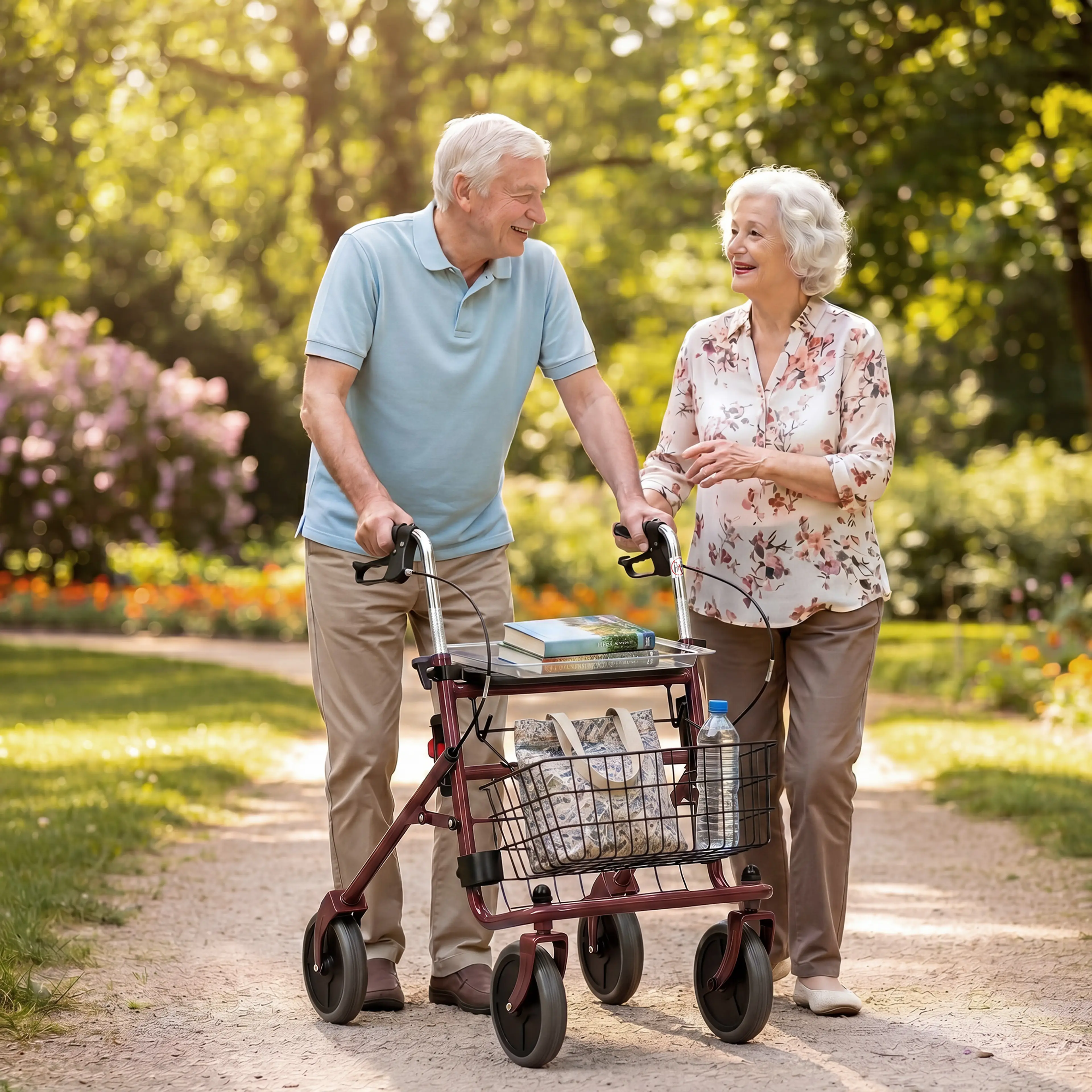 Äldre par på promenad i parken med en vinröd rollator med sits