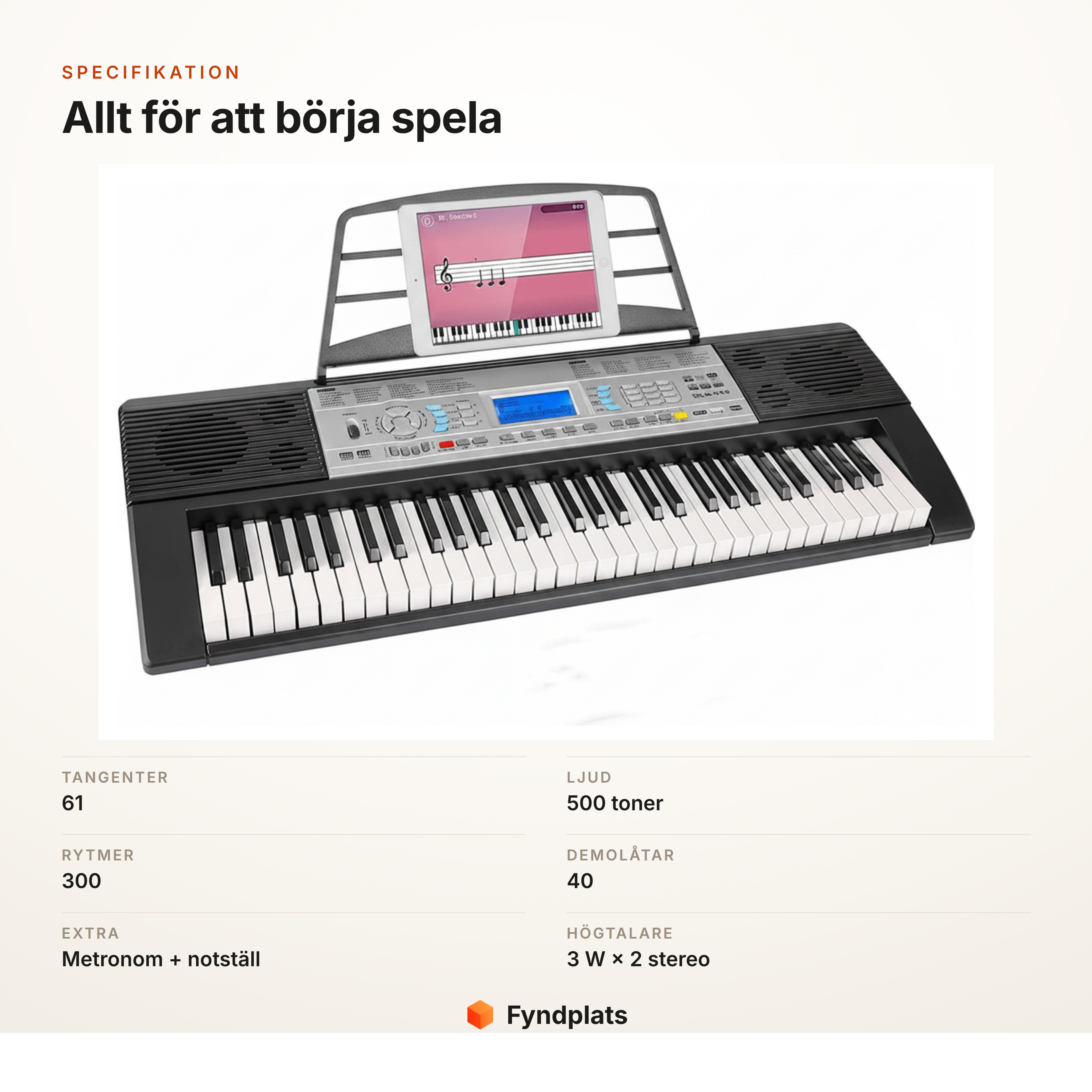 Specifikationskort för keyboard med 61 tangenter, 500 ljud och 300 rytmer