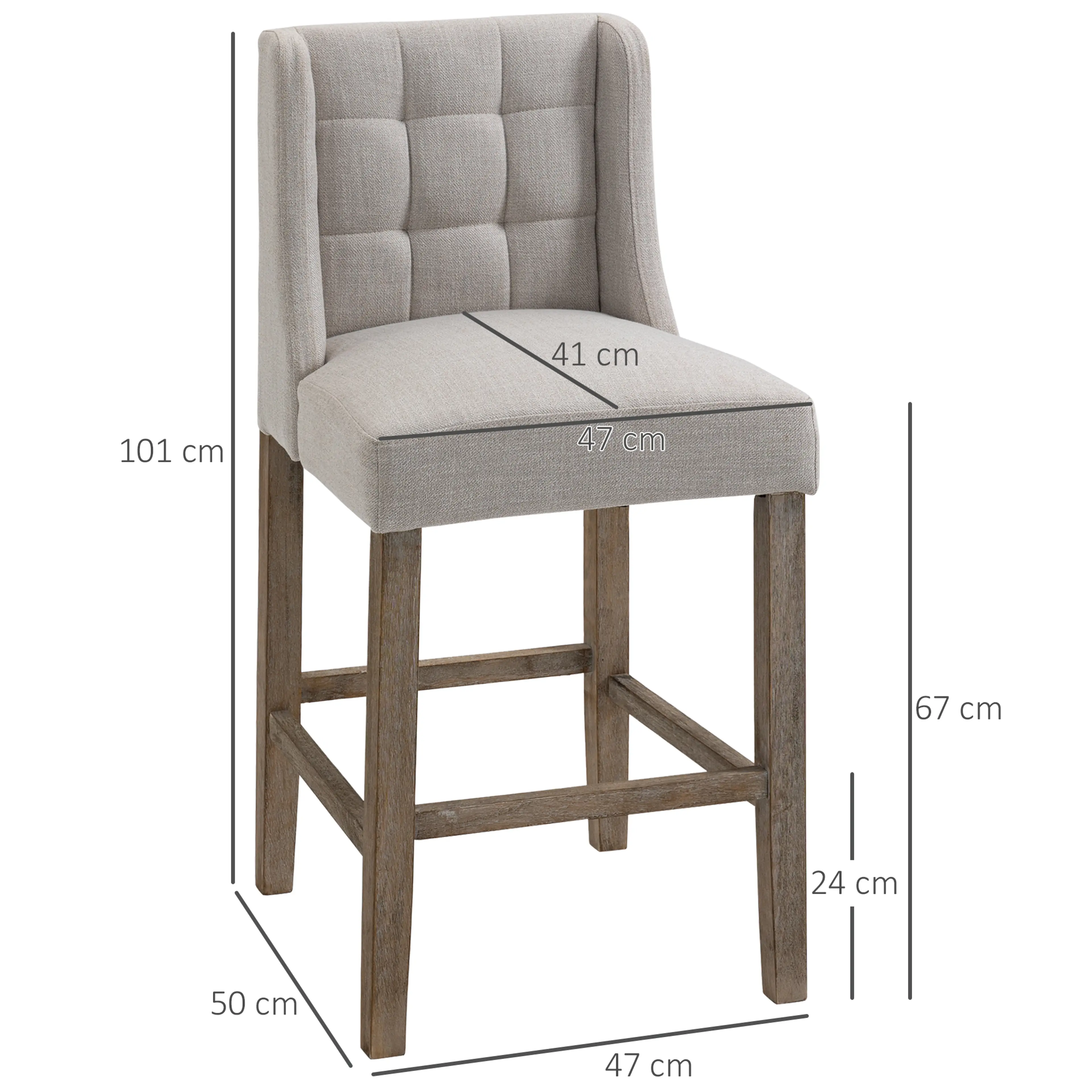 Måttskiss: 47 cm bred, 50 cm djup, 101 cm hög, sitthöjd 67 cm och fotstöd 24 cm över golv
