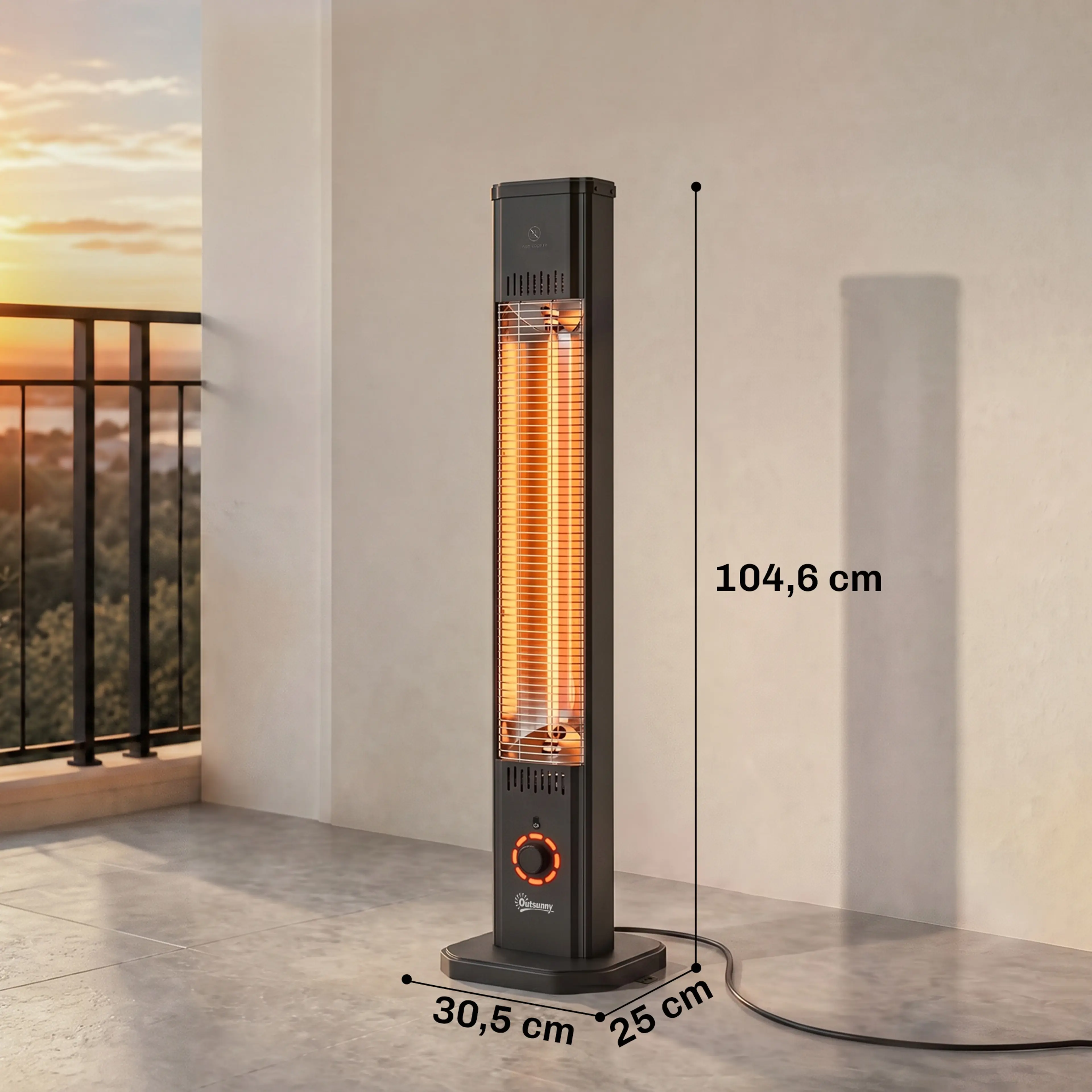 Måttritning: infravärmaren är 104,6 cm hög med en fot på 30,5 × 25 cm