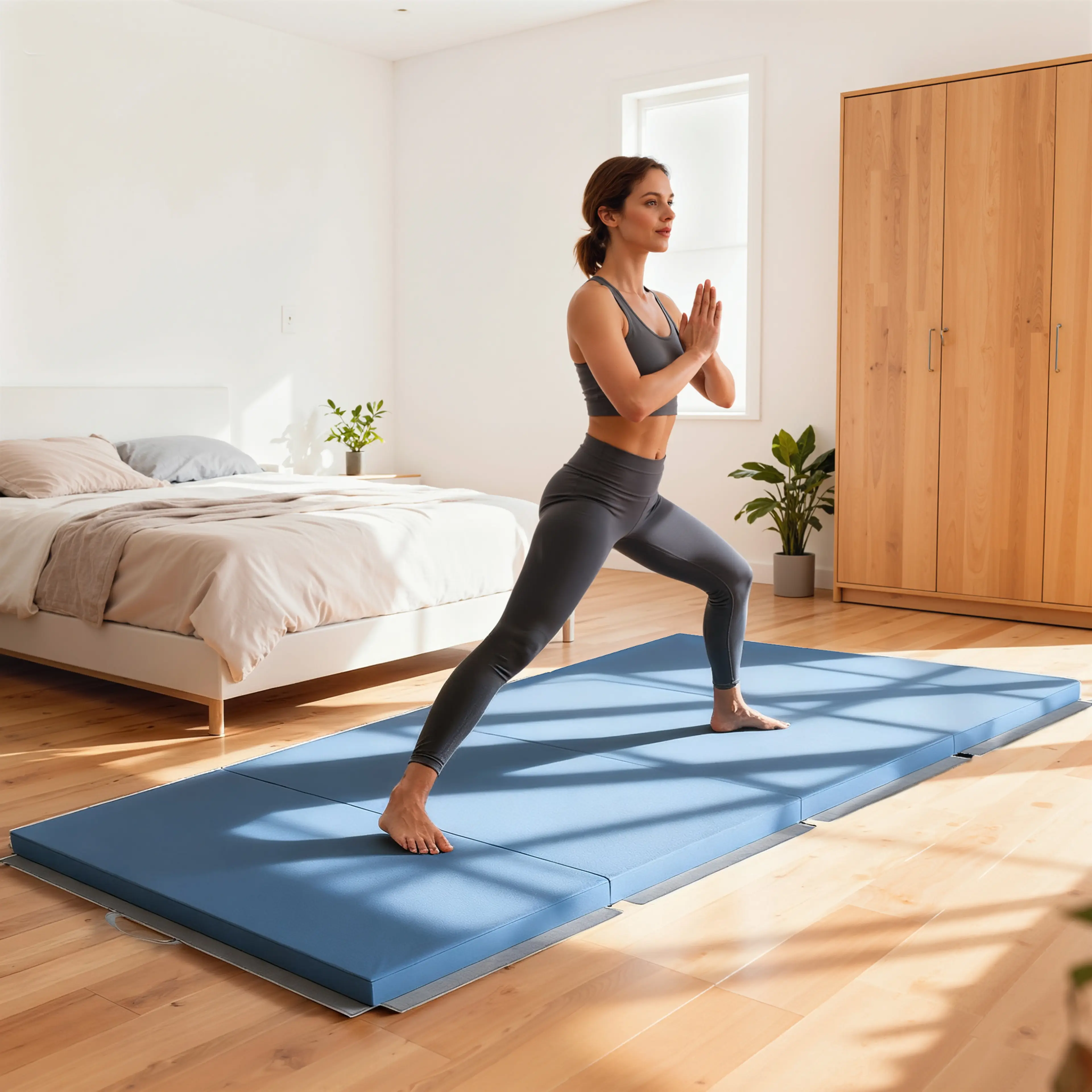 Kvinna som gör en yogaställning på den utfällda mattan i ett ljust sovrum