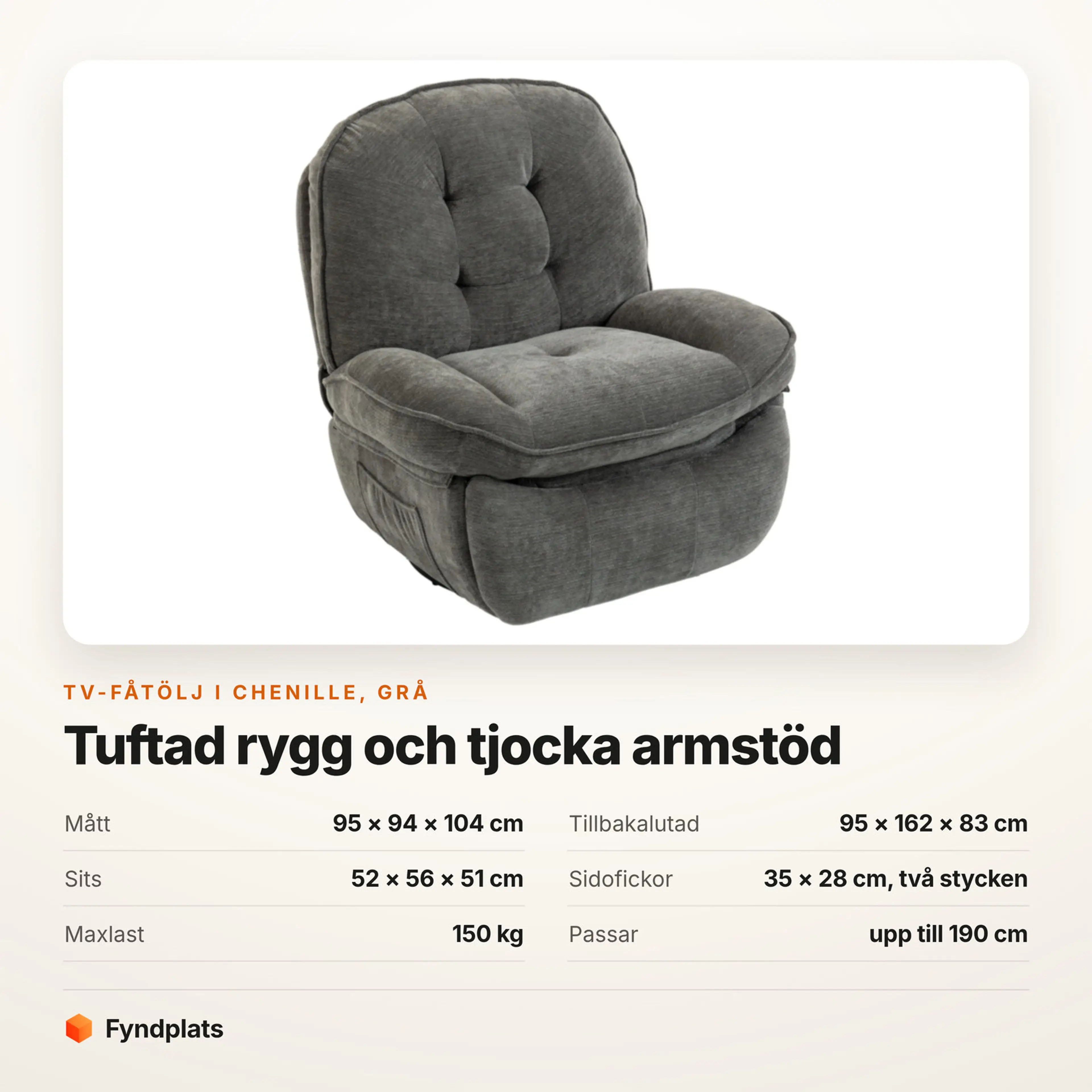 Grå tv-fåtölj i chenille med inbyggt fotstöd, mått och maxlast