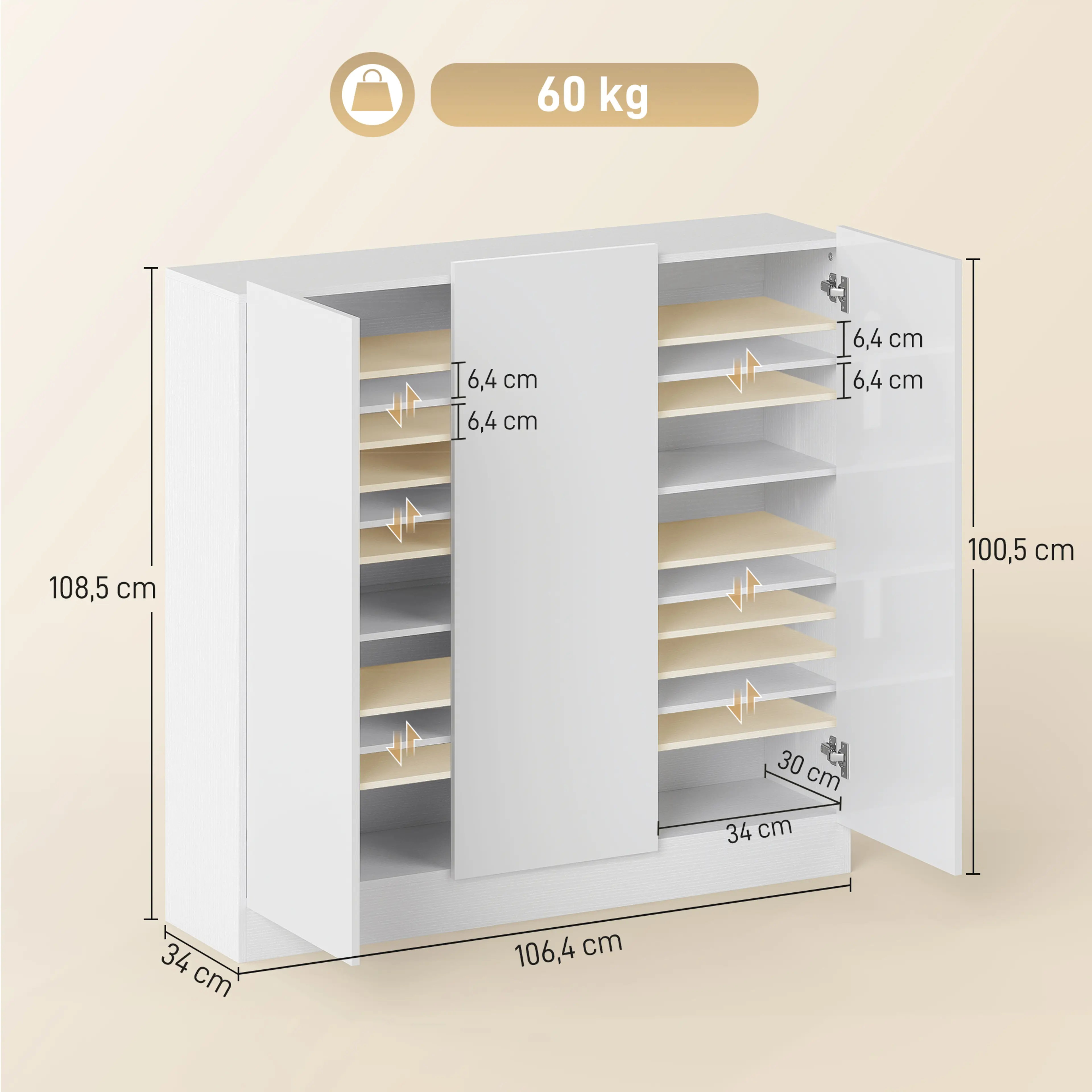 Skoskåp 106 cm för 30 par, vit högglans – bild 5