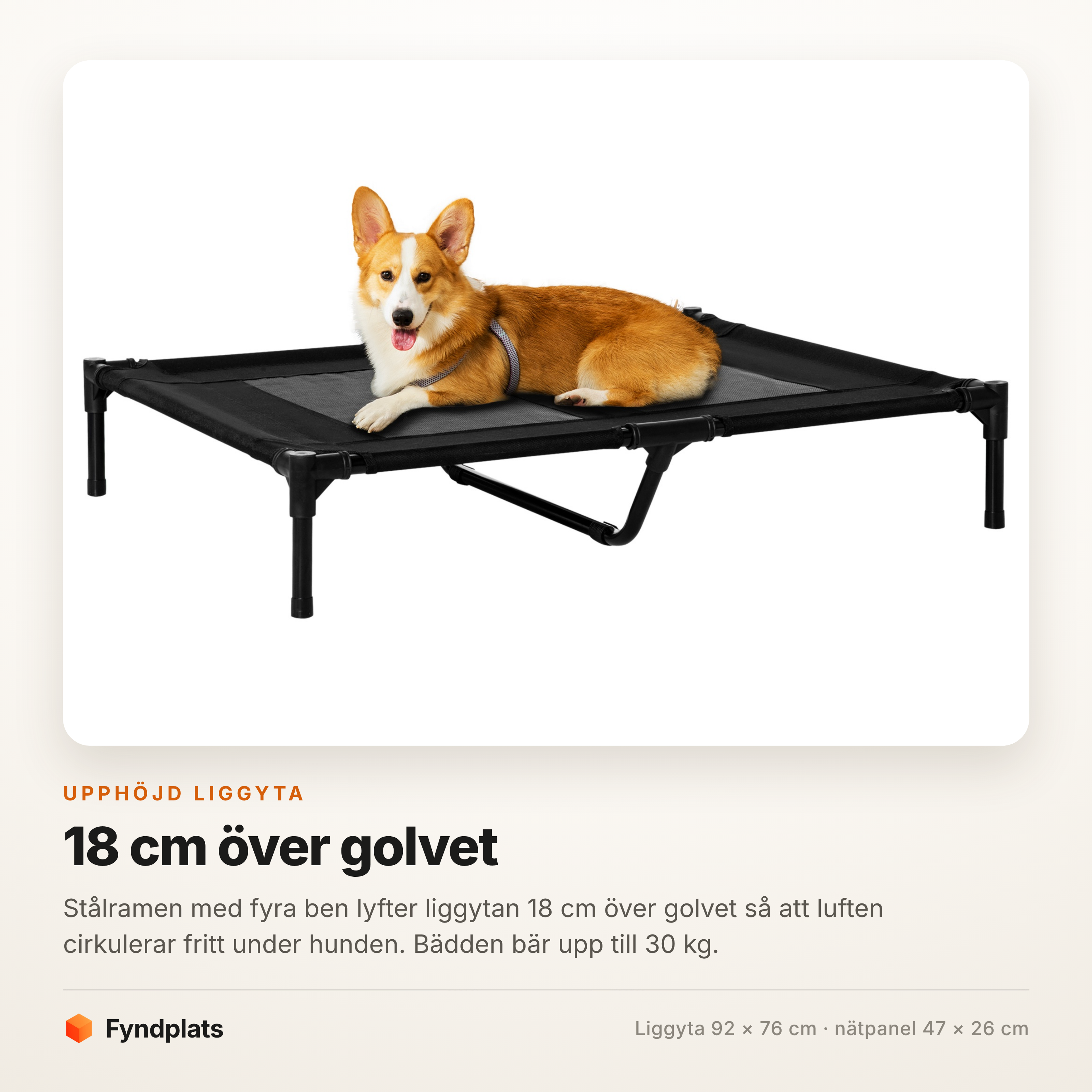 Fyndplats-kort: hundbädden med en hund liggande på liggytan, med rubriken att stålramen lyfter liggytan 18 cm över golvet så luften cirkulerar under.