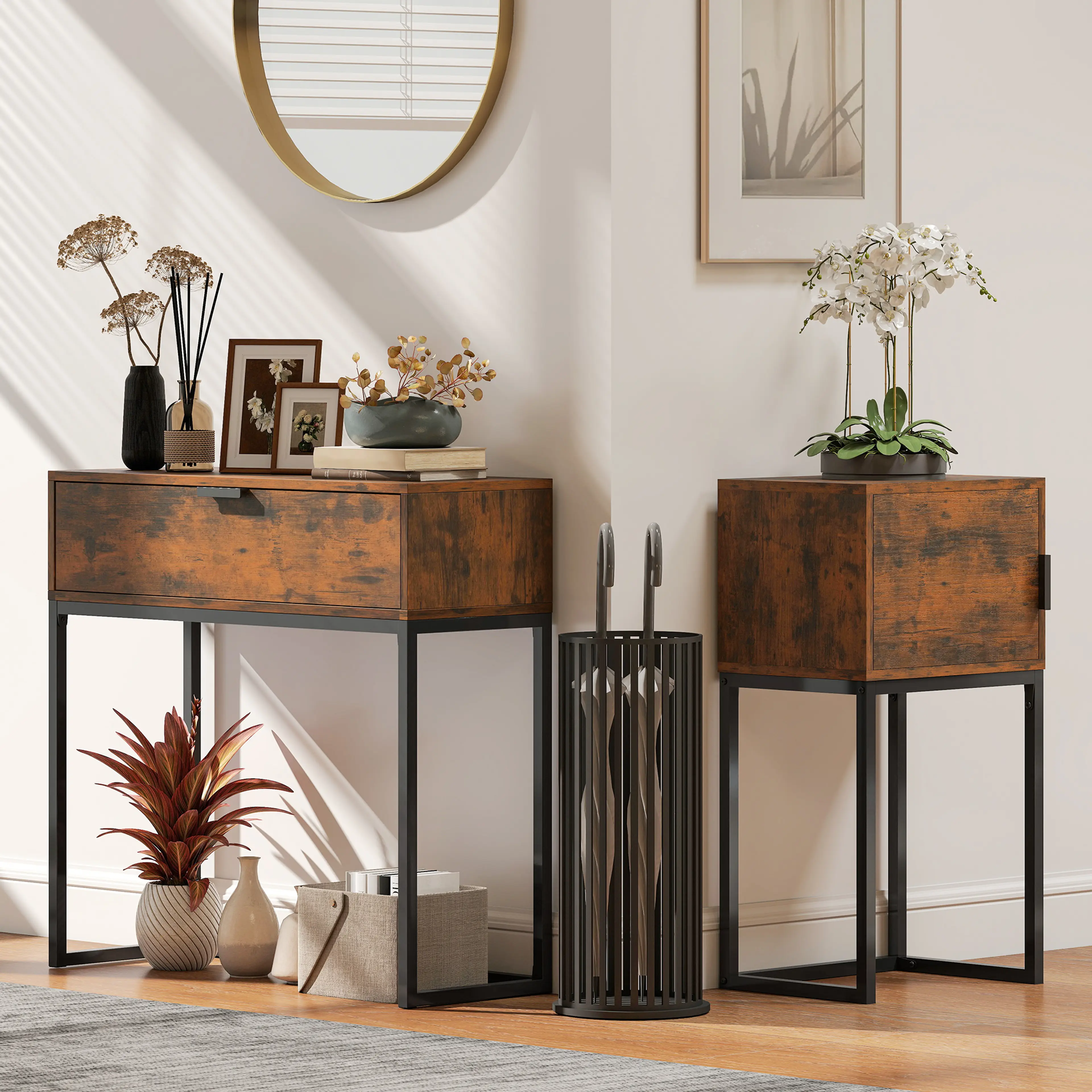 Konsolbord med låda 80 cm, rustik brun – bild 5
