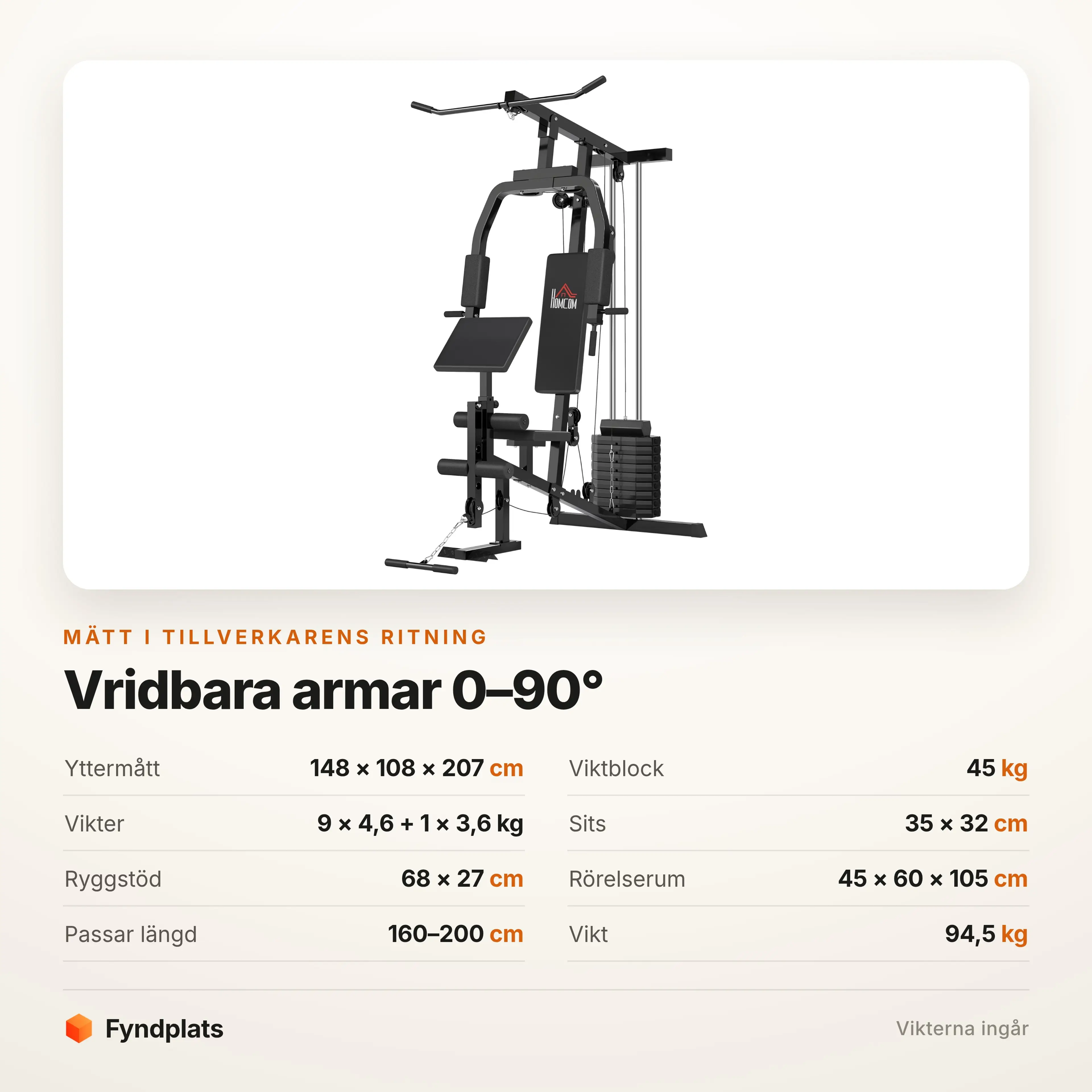 Specifikationer: 148 × 108 × 207 cm, 45 kg viktblock, 0–90°
