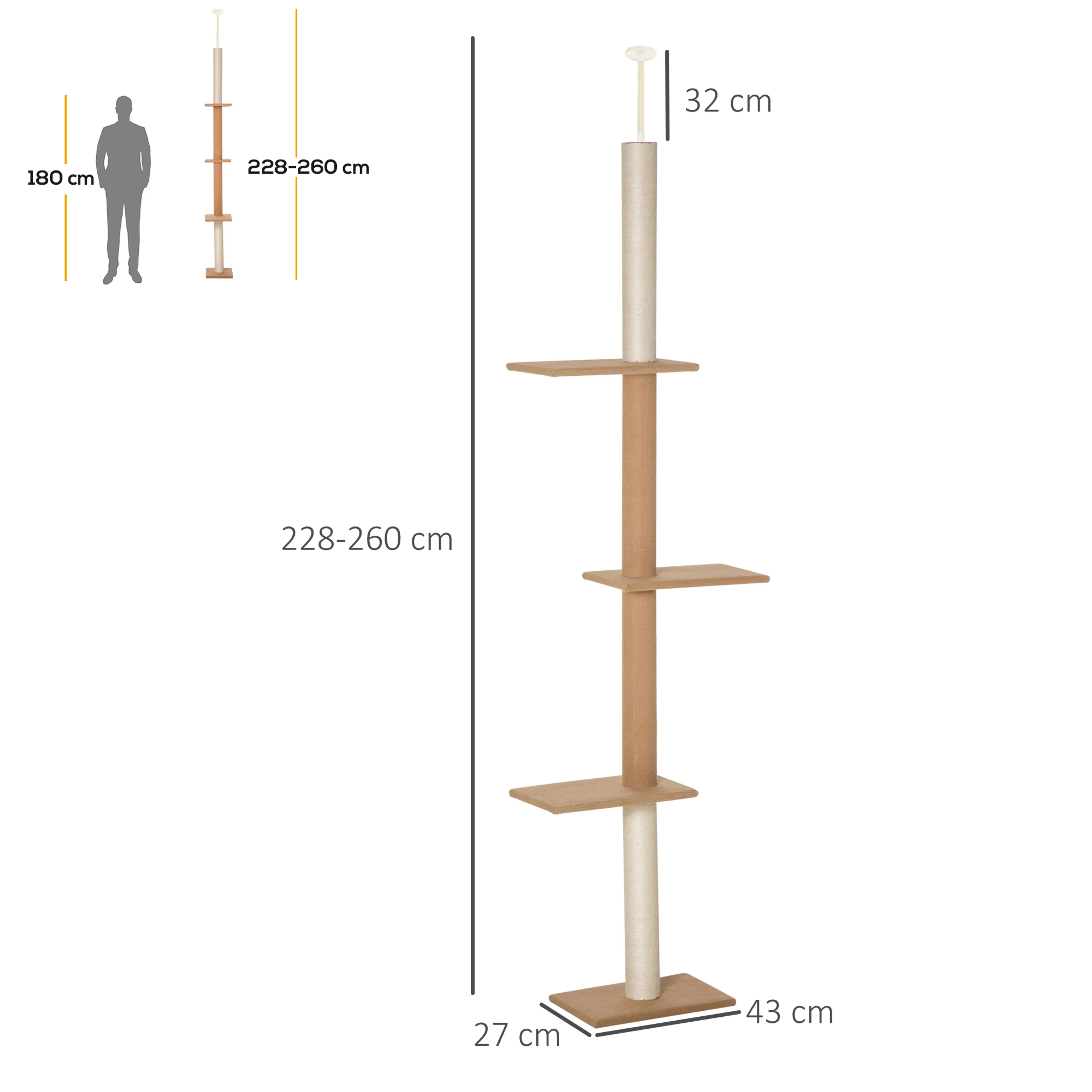 Måttskiss: 43 × 27 cm golvyta, 228–260 cm höjd och 32 cm justerbart spännrör, jämförd med en person på 180 cm