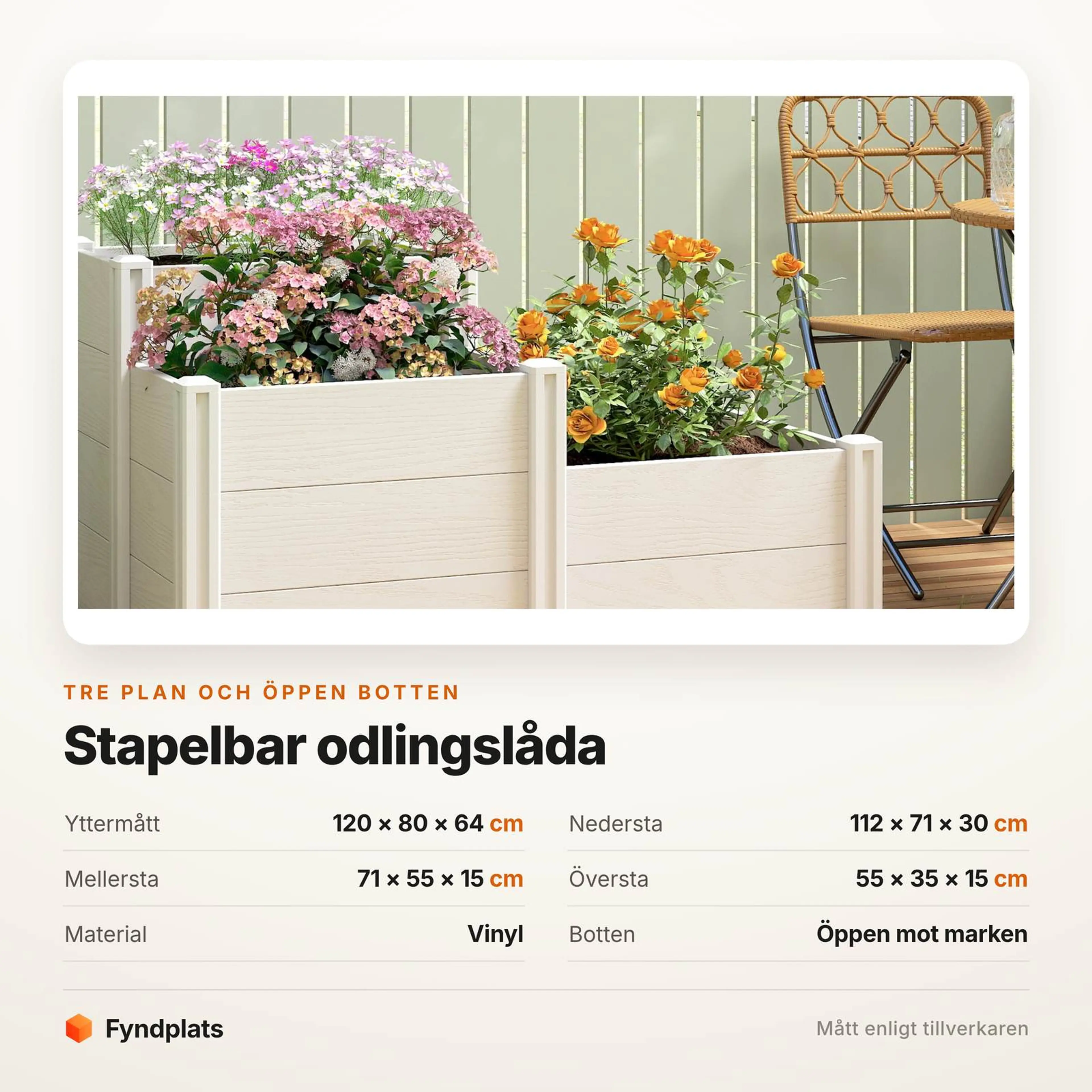 Specifikationstabell: 120 × 80 × 64 cm i tre plan, vinyl och öppen botten
