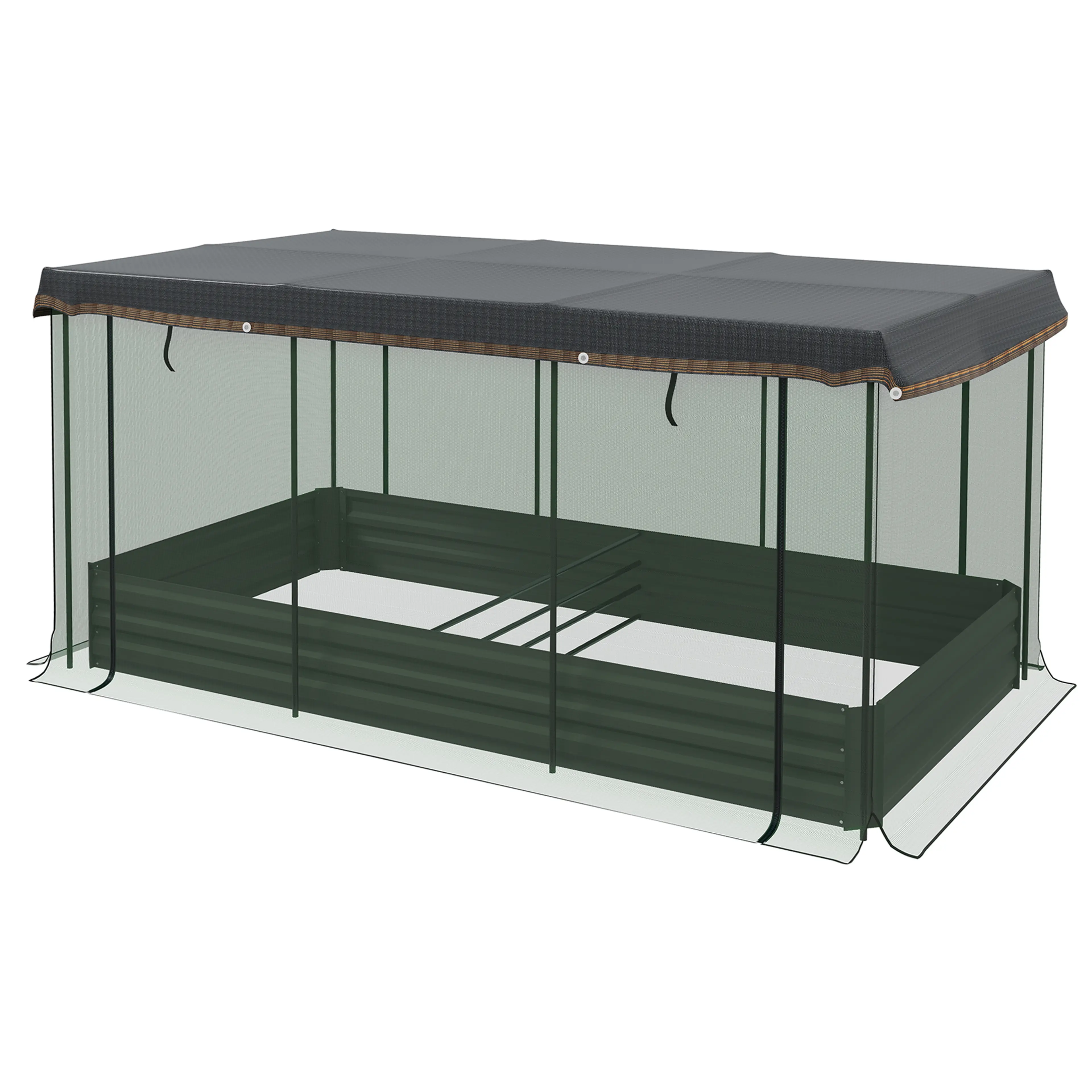 Odlingslåda 230 × 110 cm med fågelnät på alla sidor och mörkt solskyddstak