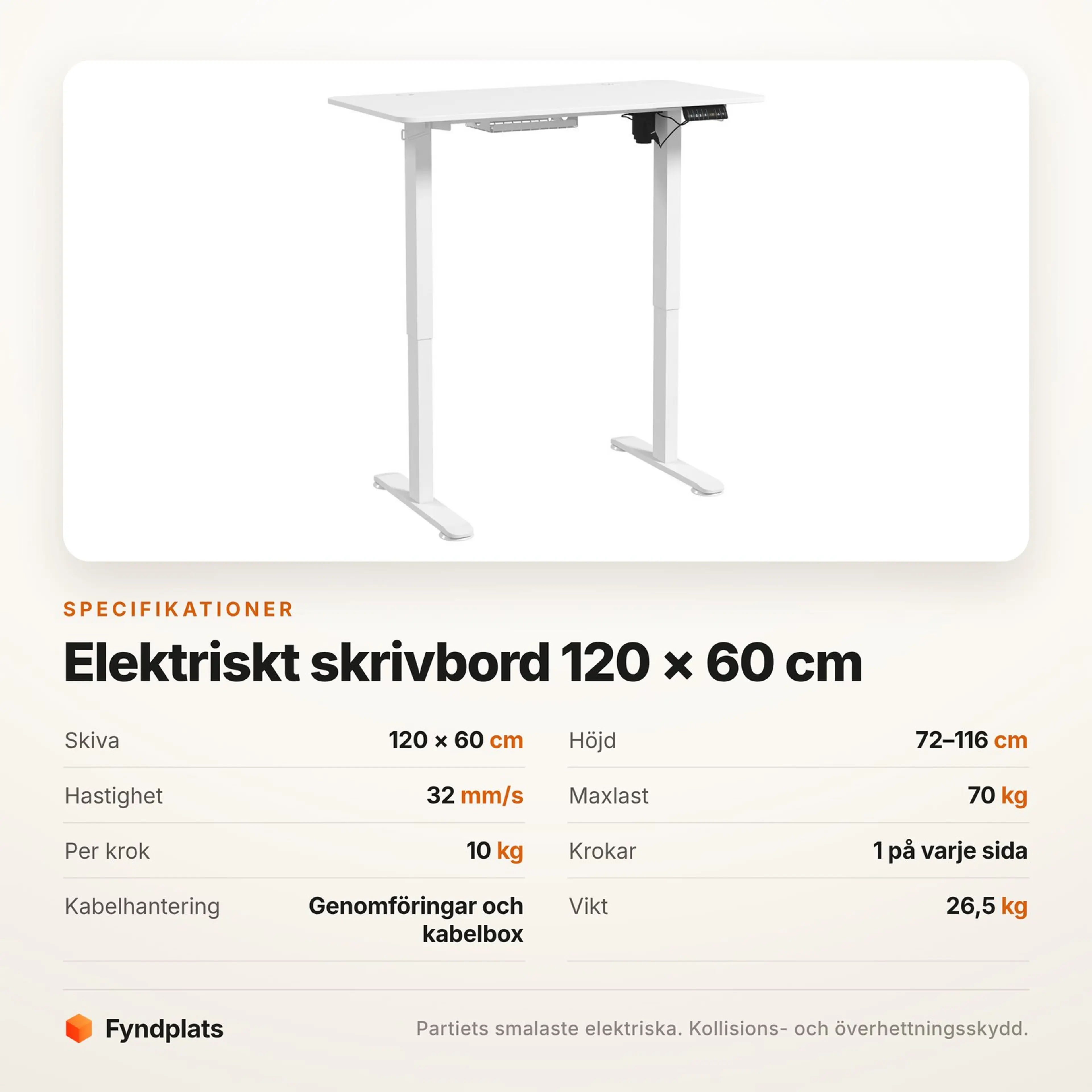 Fyndplats specifikationskort med bordets mått, hastighet och maxlast