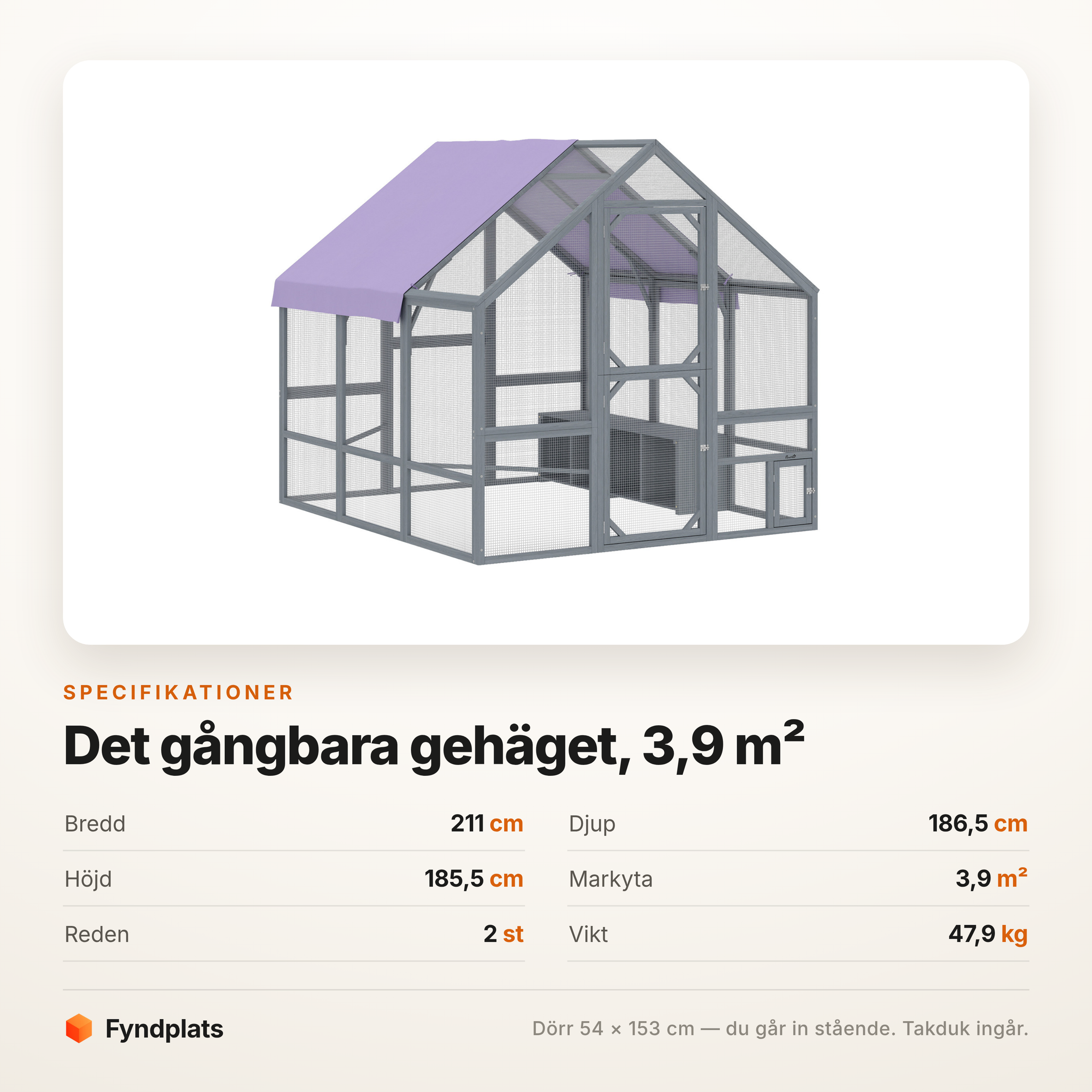 Specifikationer: 211 × 186,5 × 185,5 cm, 3,9 m² markyta och två reden