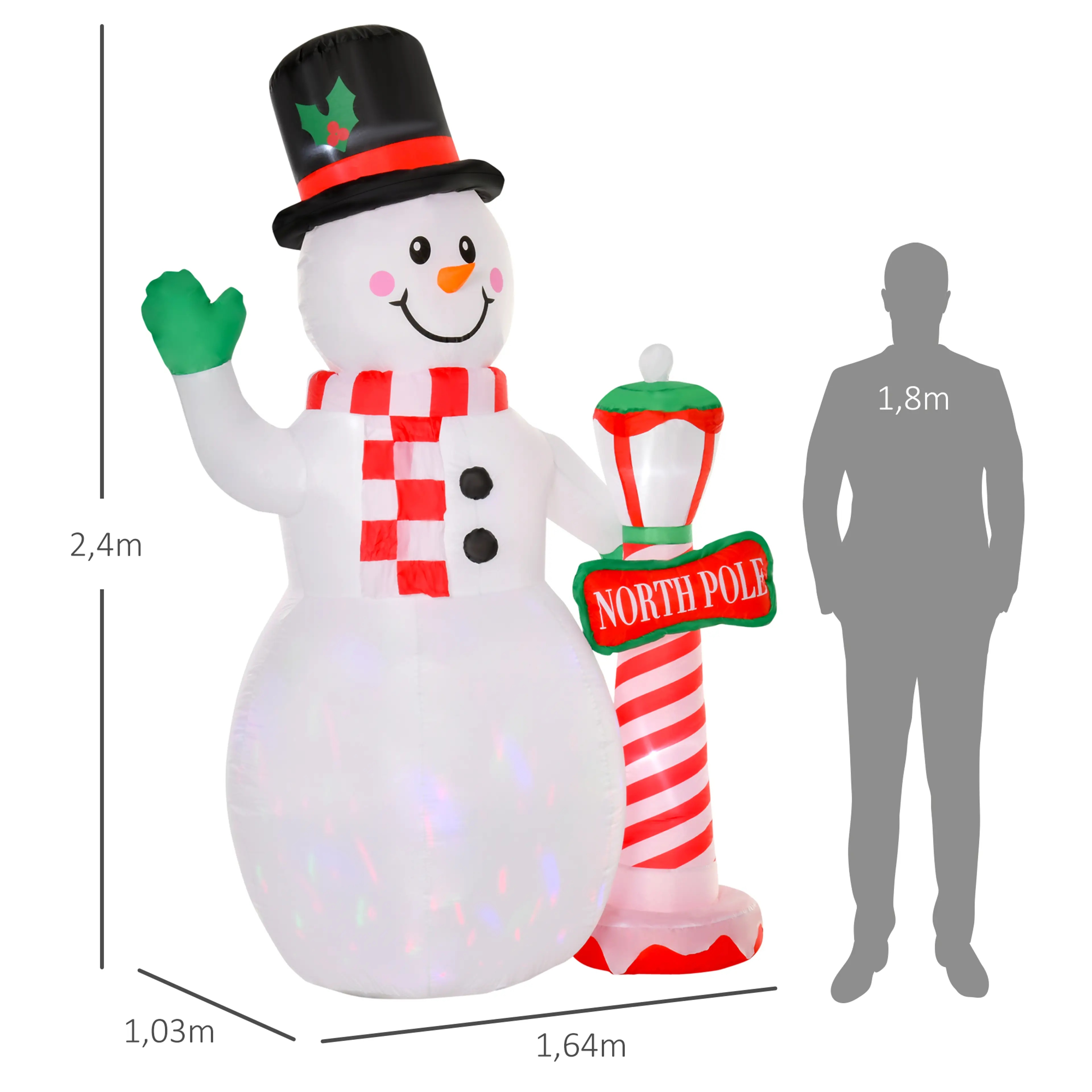 Måttbild: snögubben är 240 cm hög, 164 cm bred och 103 cm djup, bredvid en siluett av en människa