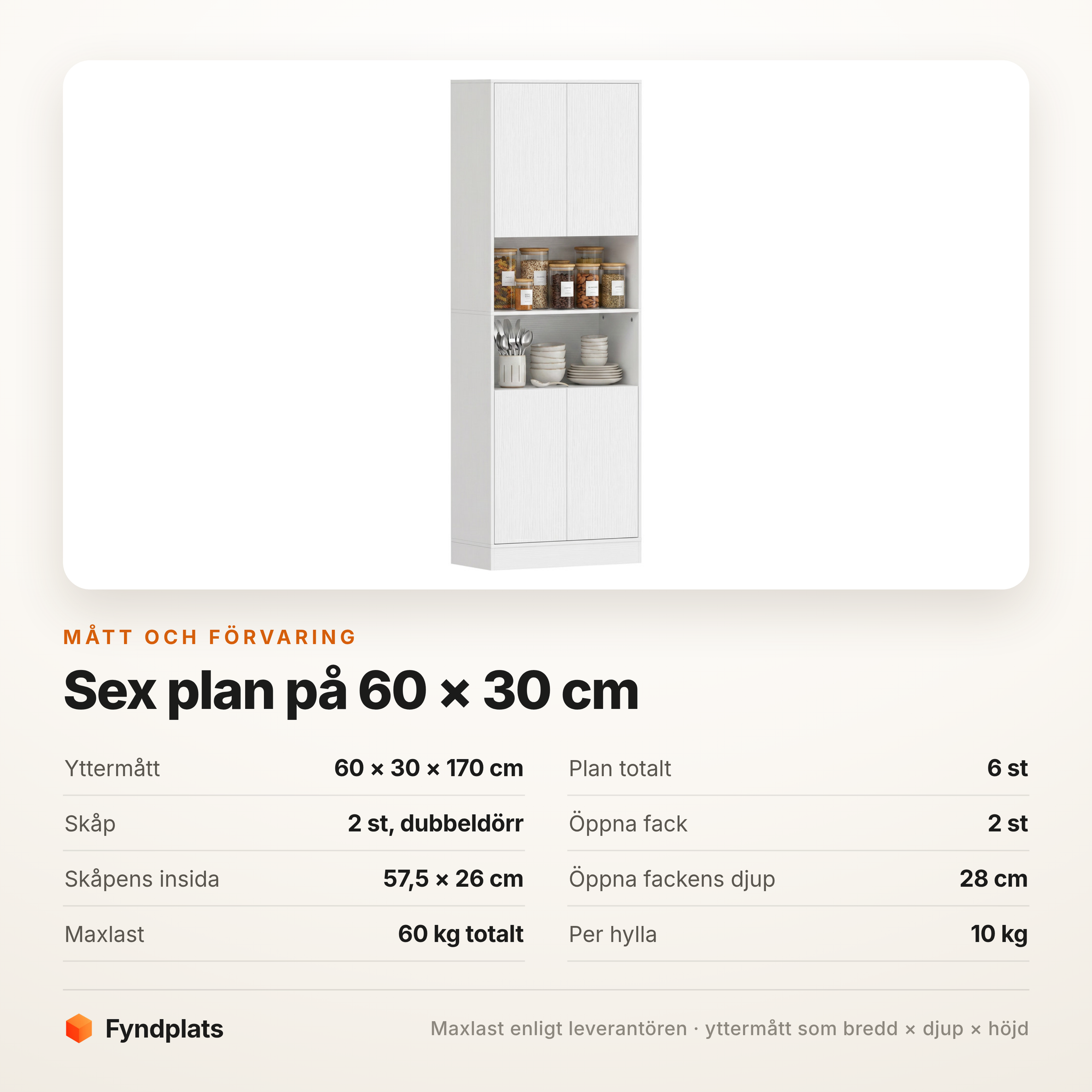 Specifikationskort för högskåp med yttermått, sex plan och maxlast