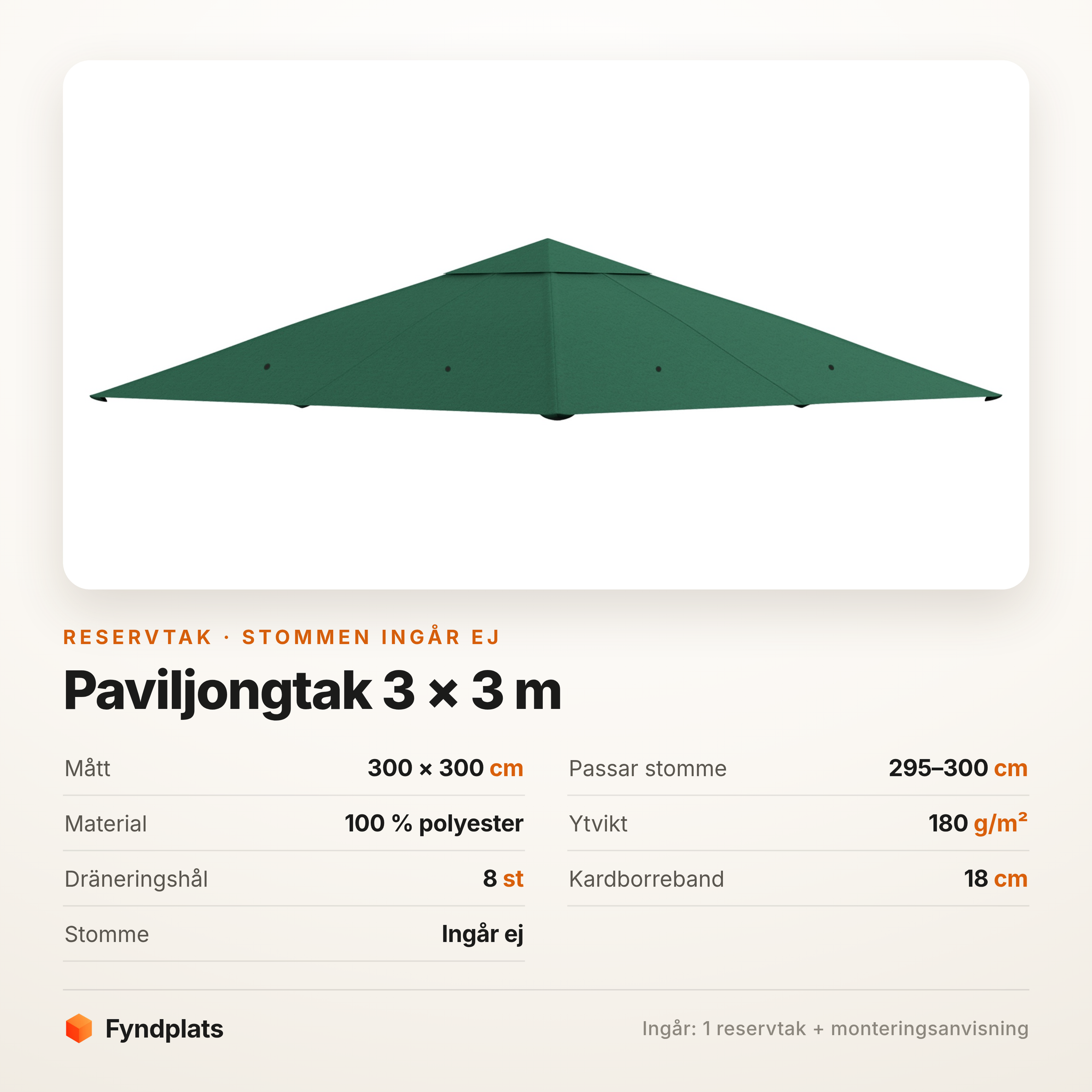 Fyndplats spec-kort för paviljongtak 3x3 m: 300 × 300 cm i 100 % polyester 180 g/m², åtta dräneringshål, 18 cm kardborreband. Stomme ingår ej.