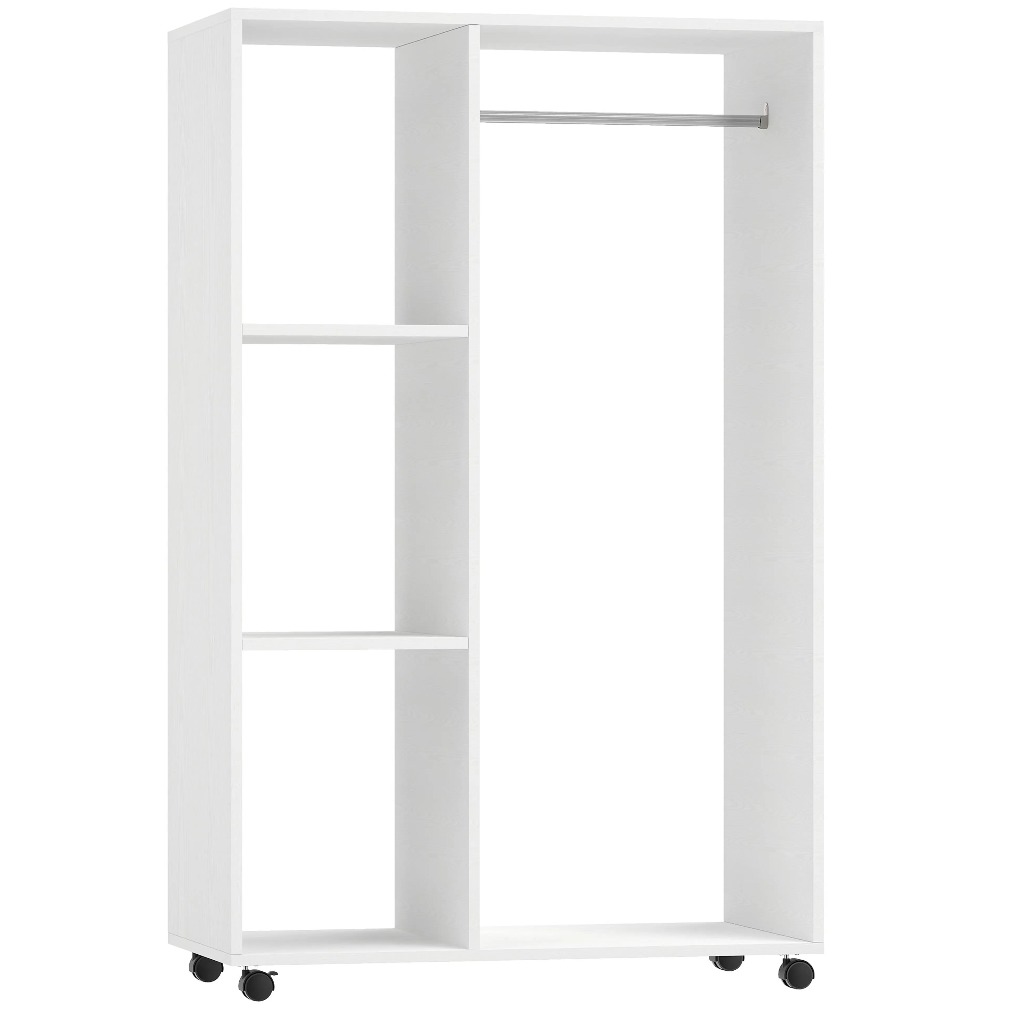 Öppen garderob på hjul – klädstång och tre fack, vit, 80 × 40 × 128 cm
