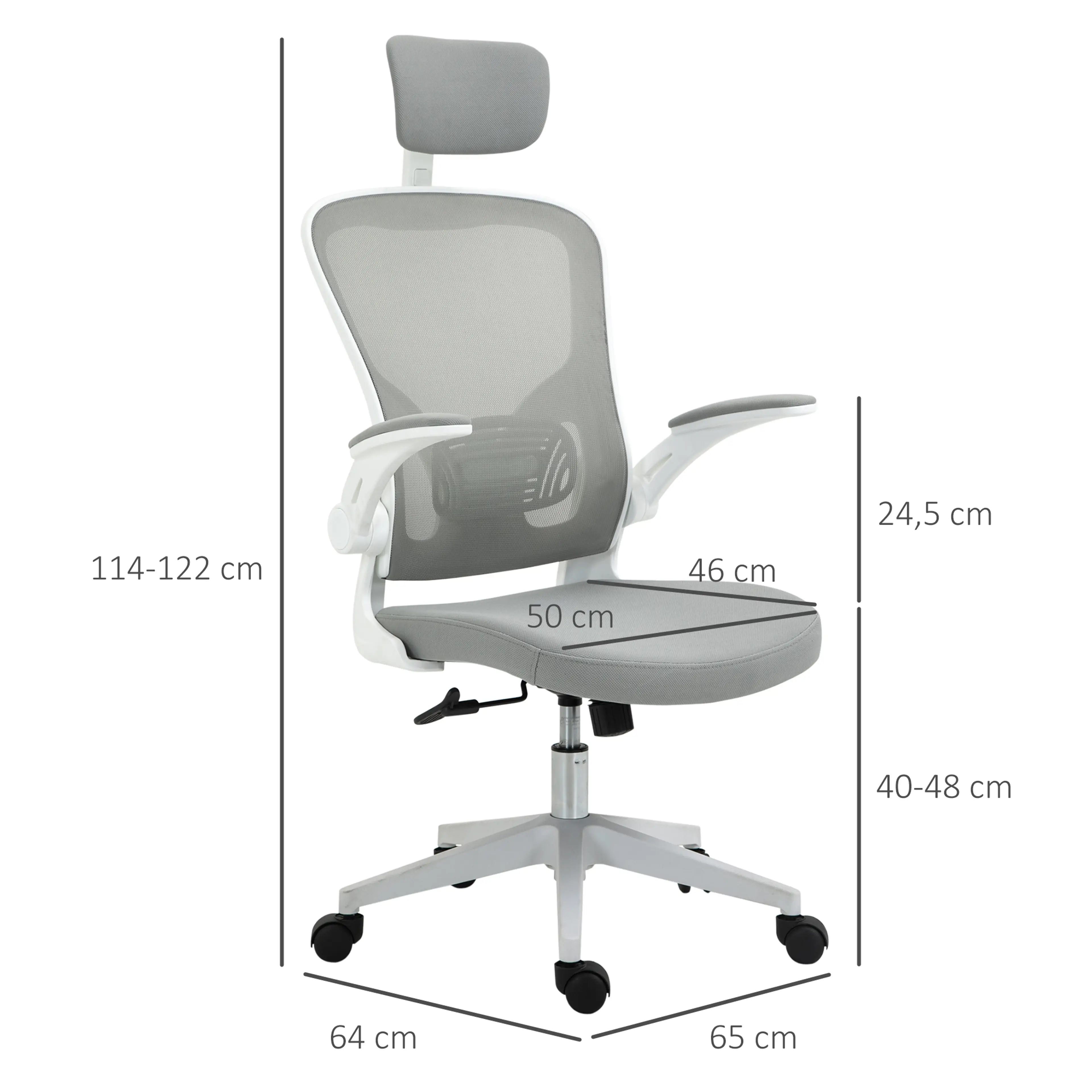 Måttritning med höjd 114–122 cm, sits 50 × 46 cm, sitthöjd 40–48 cm och djup 64 cm