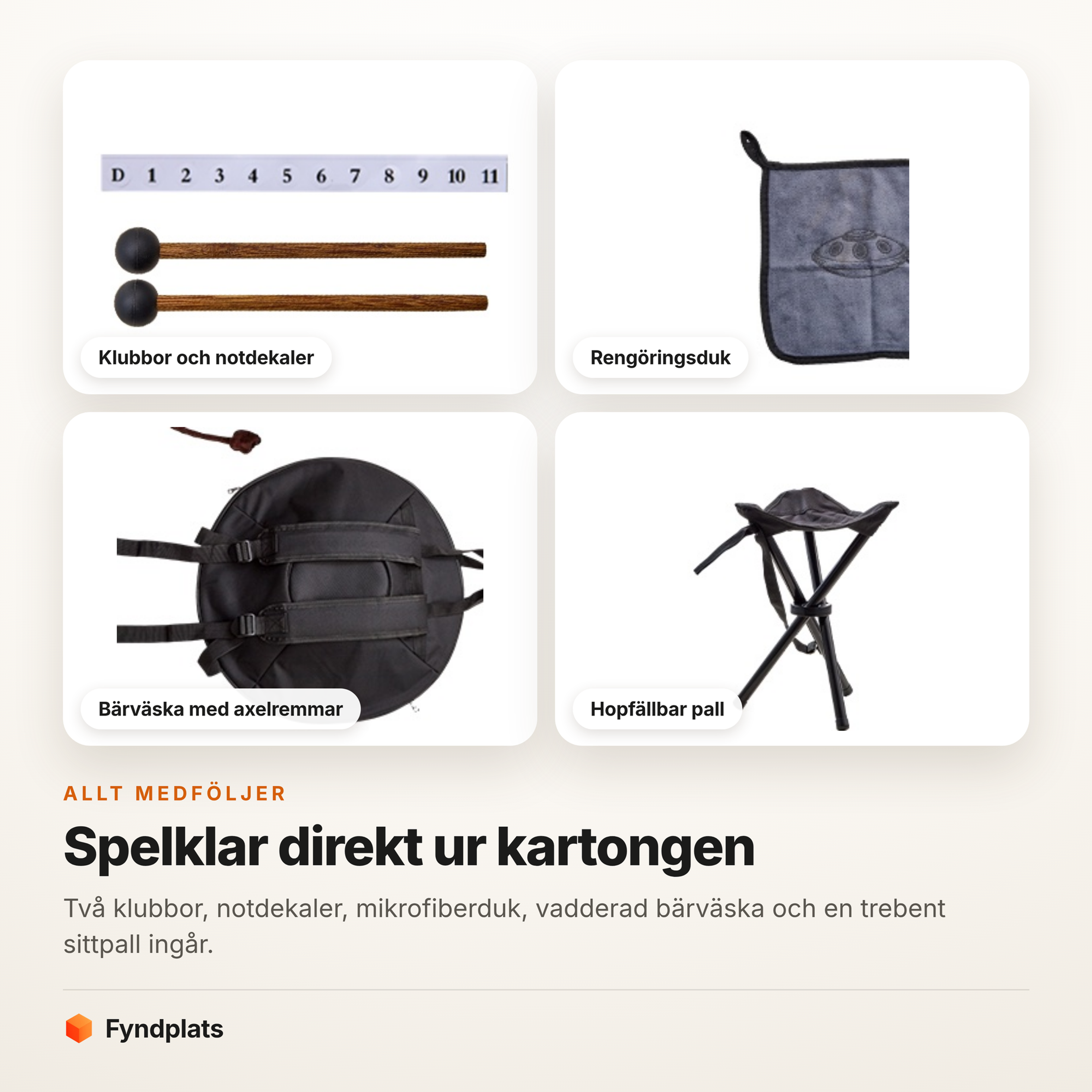 Klubbor, notdekaler, rengöringsduk, bärväska och hopfällbar pall som ingår