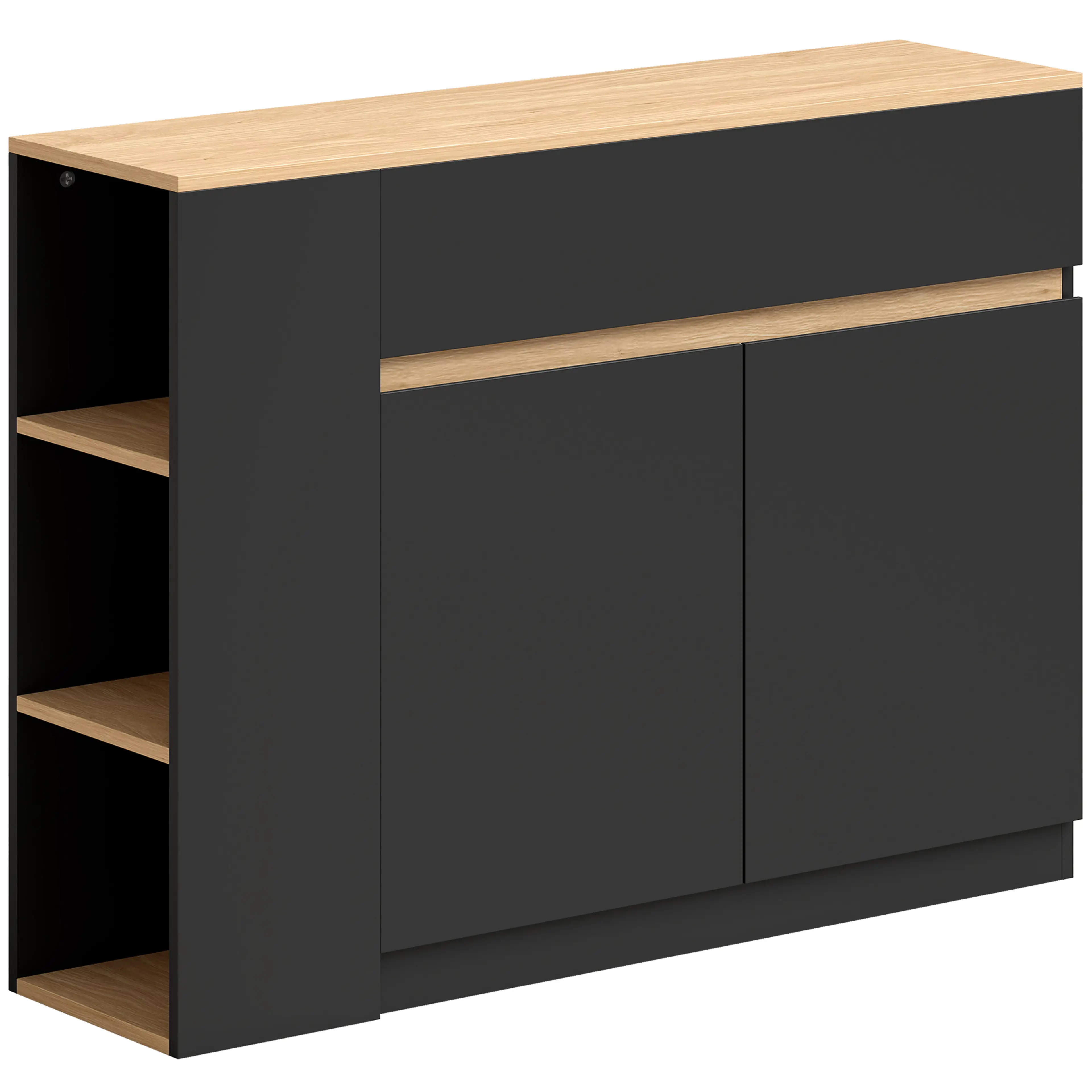 Svart sideboard med ljus skiva, två dörrar, låda och öppna fack, på vit bakgrund