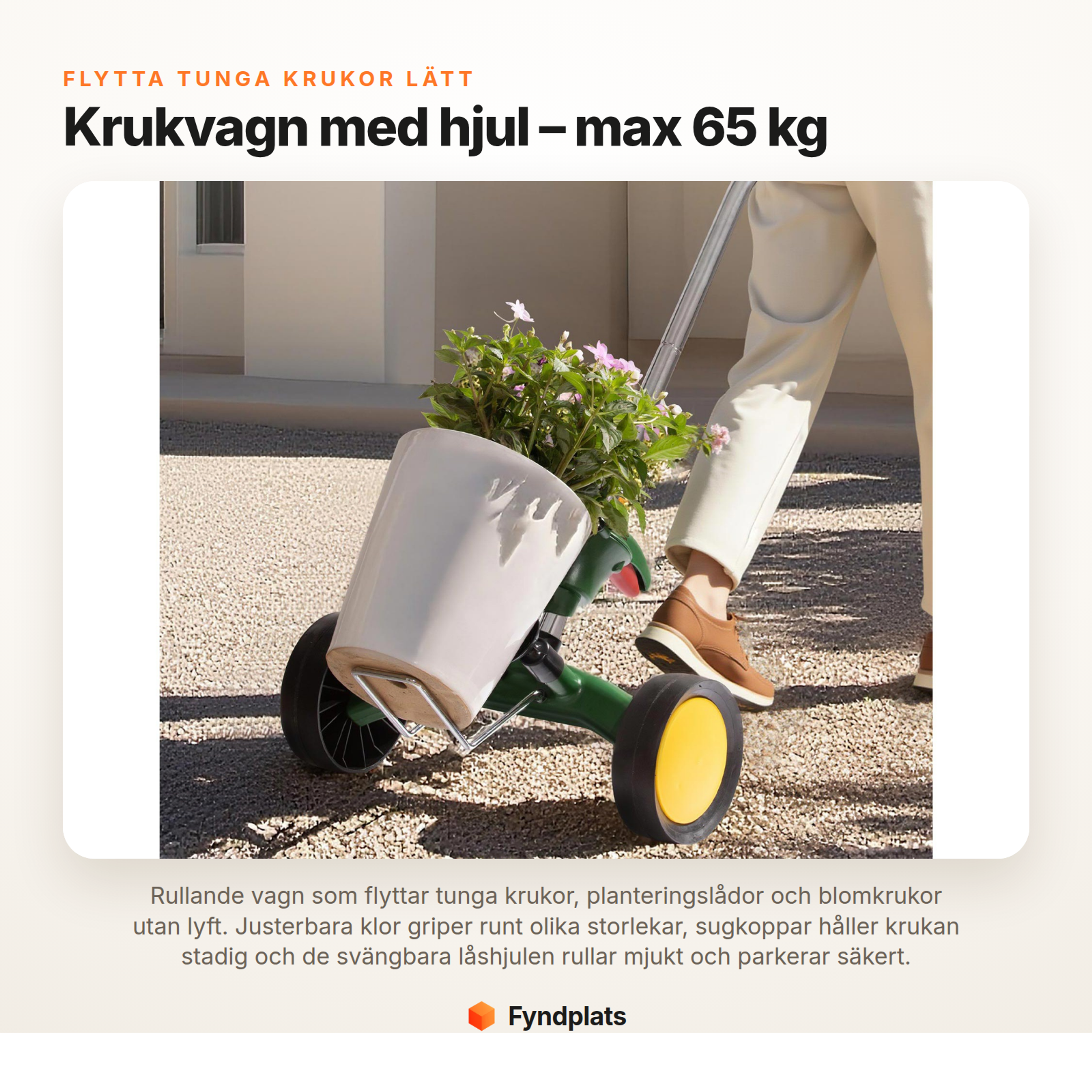 Fyndplats – krukvagn med hjul och justerbara griparmar, flyttar krukor upp till 65 kg