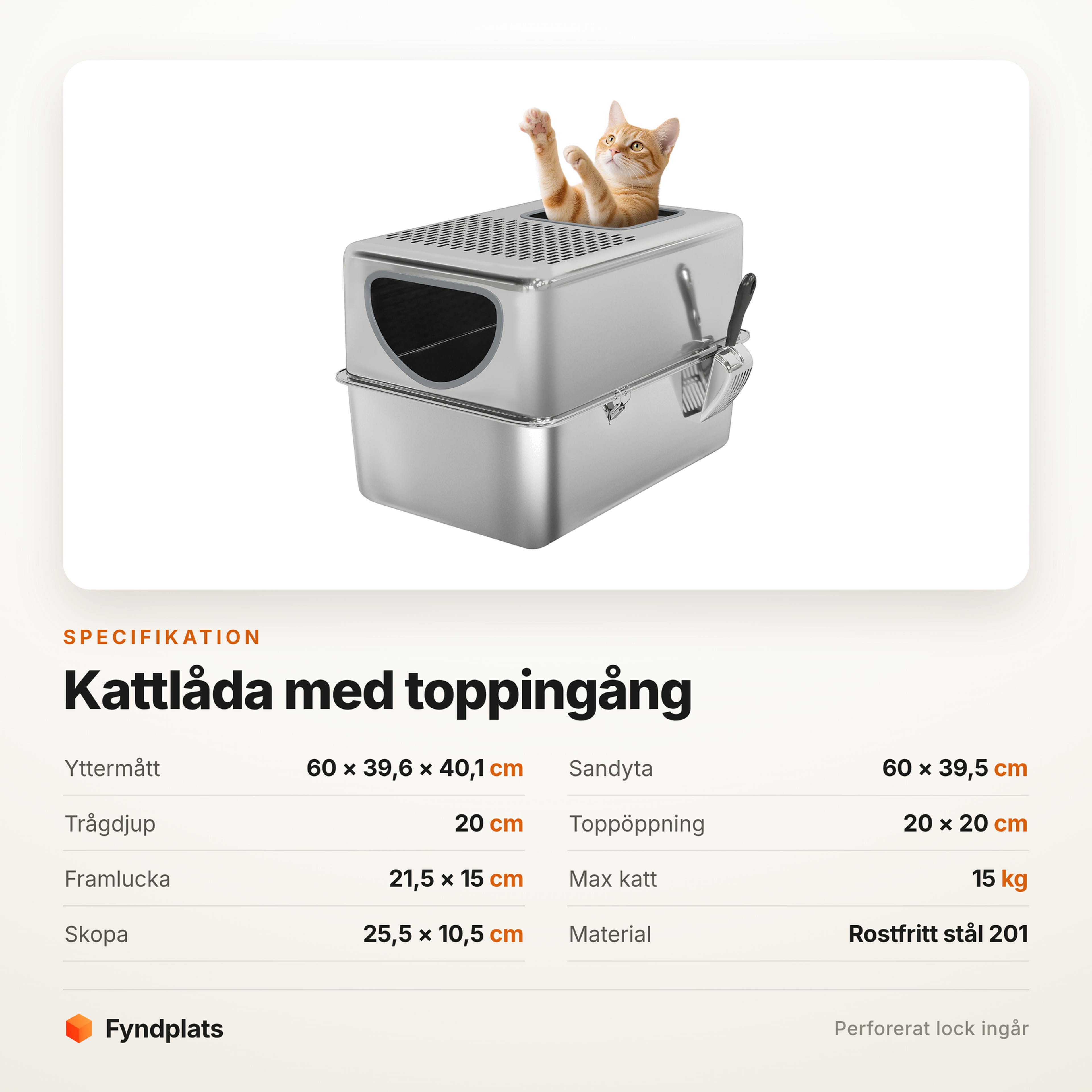 Specifikation för kattlåda med toppingång – 60 × 39,6 × 40,1 cm, upp till 15 kg