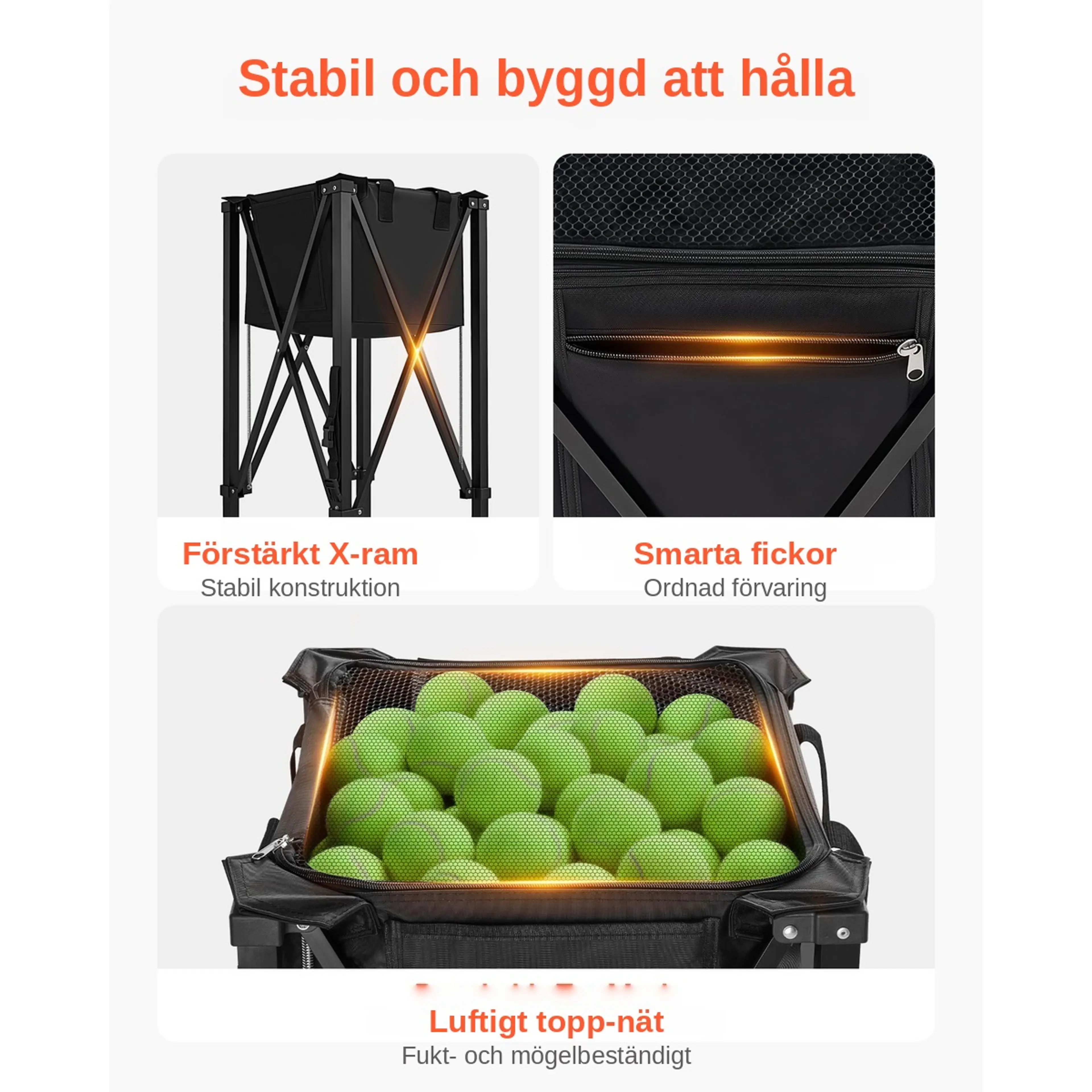 Tennisbollsvagn med förstärkt X-ram, sidofickor och luftigt nättopp