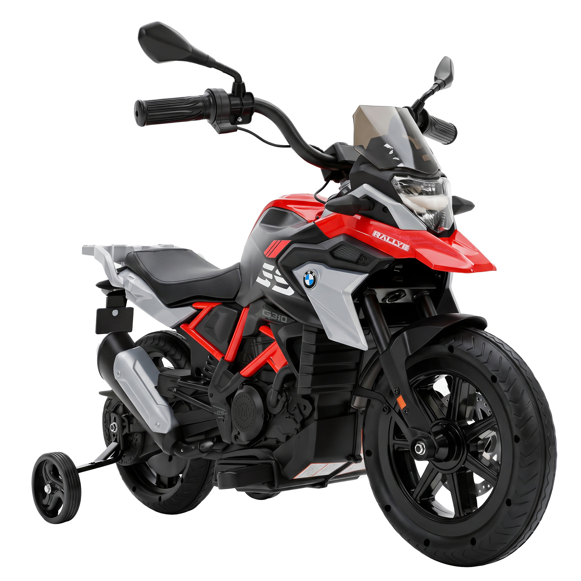 Röd, svart och grå eldriven BMW G310 GS för barn med avtagbara stödhjul, vindruta och två backspeglar, snett framifrån mot vit bakgrund