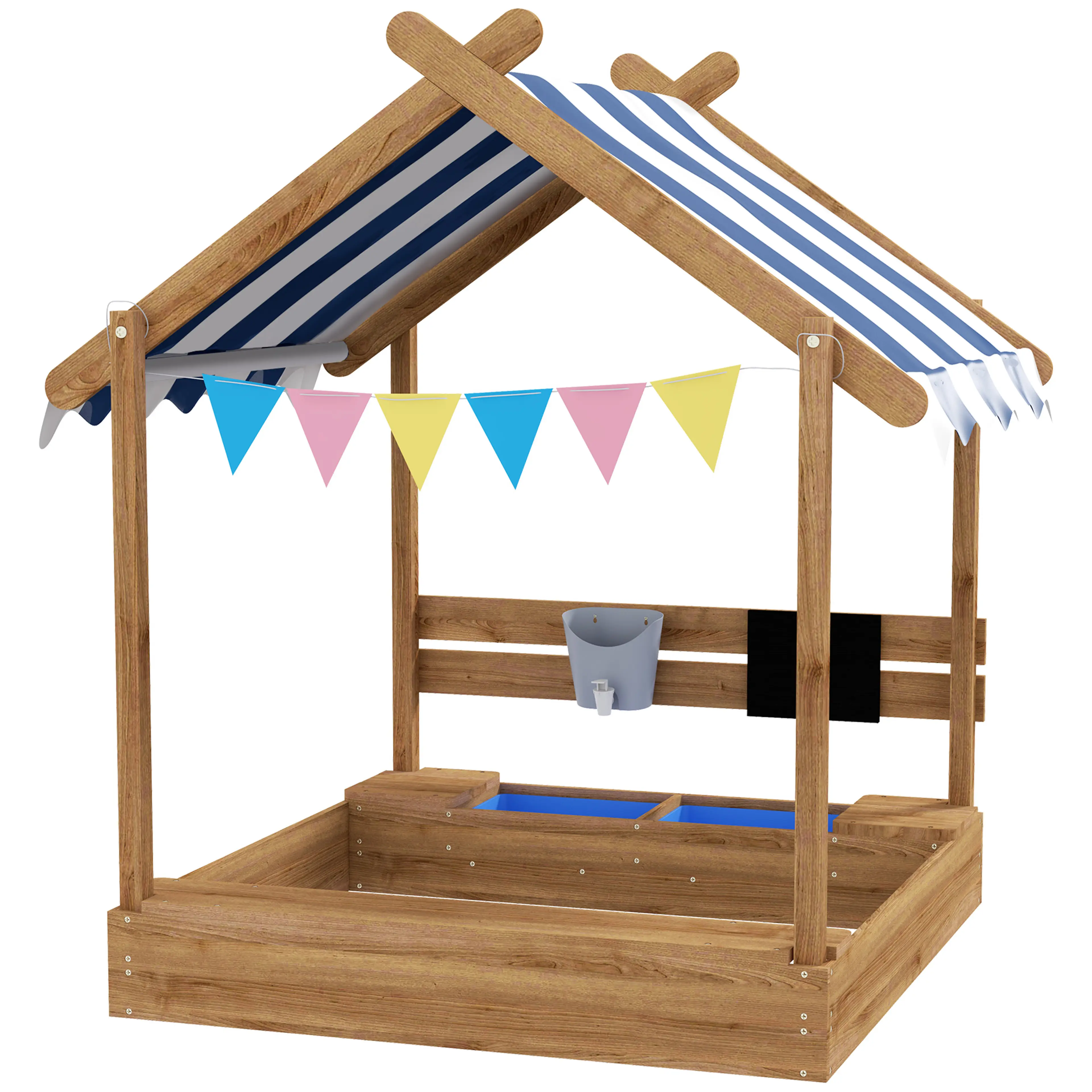 Sandlåda med lekstugetak 124 × 116 cm – vimpelrad ingår