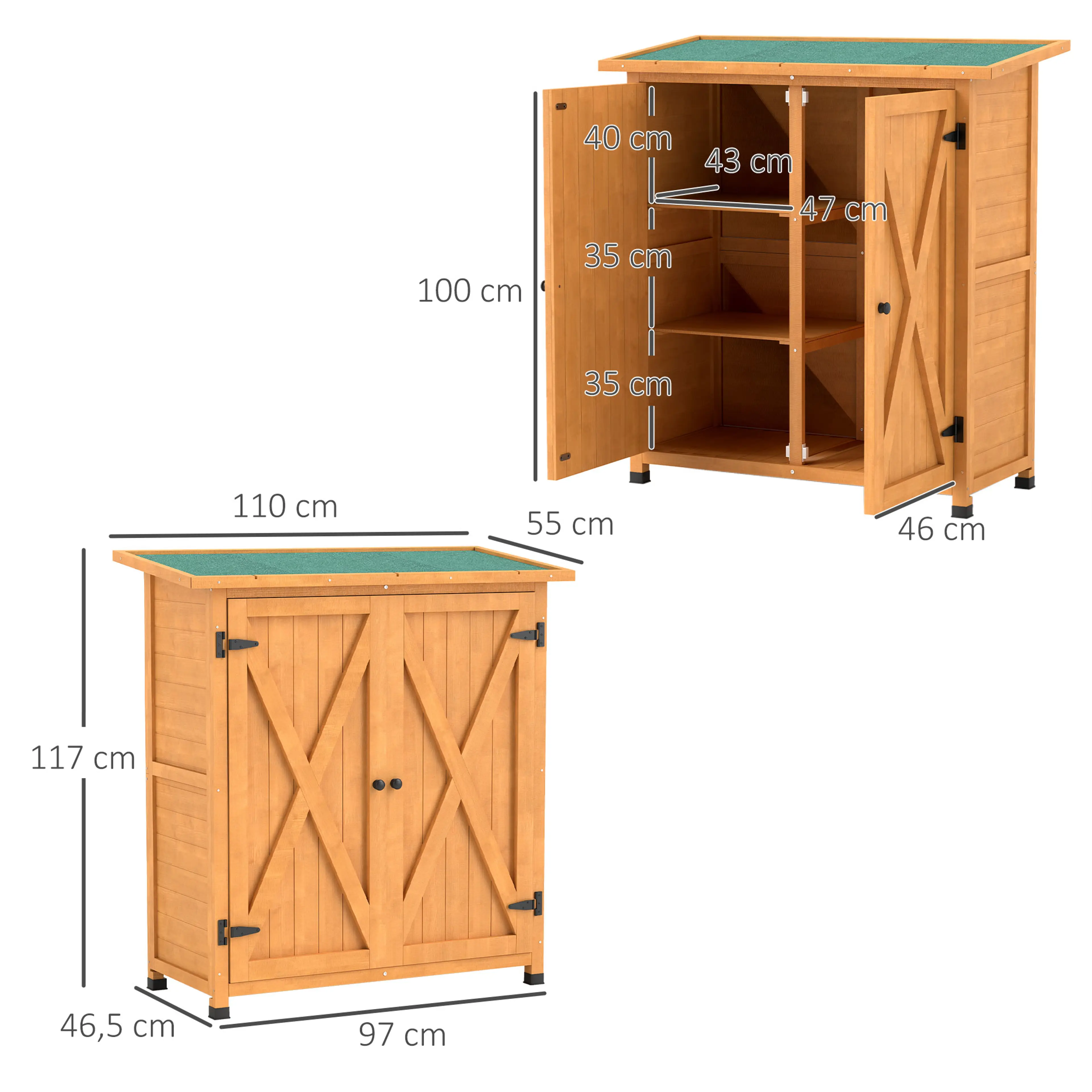 Måttritning: 110 cm brett, 55 cm djupt och 117 cm högt, hyllplan 47 × 43 cm