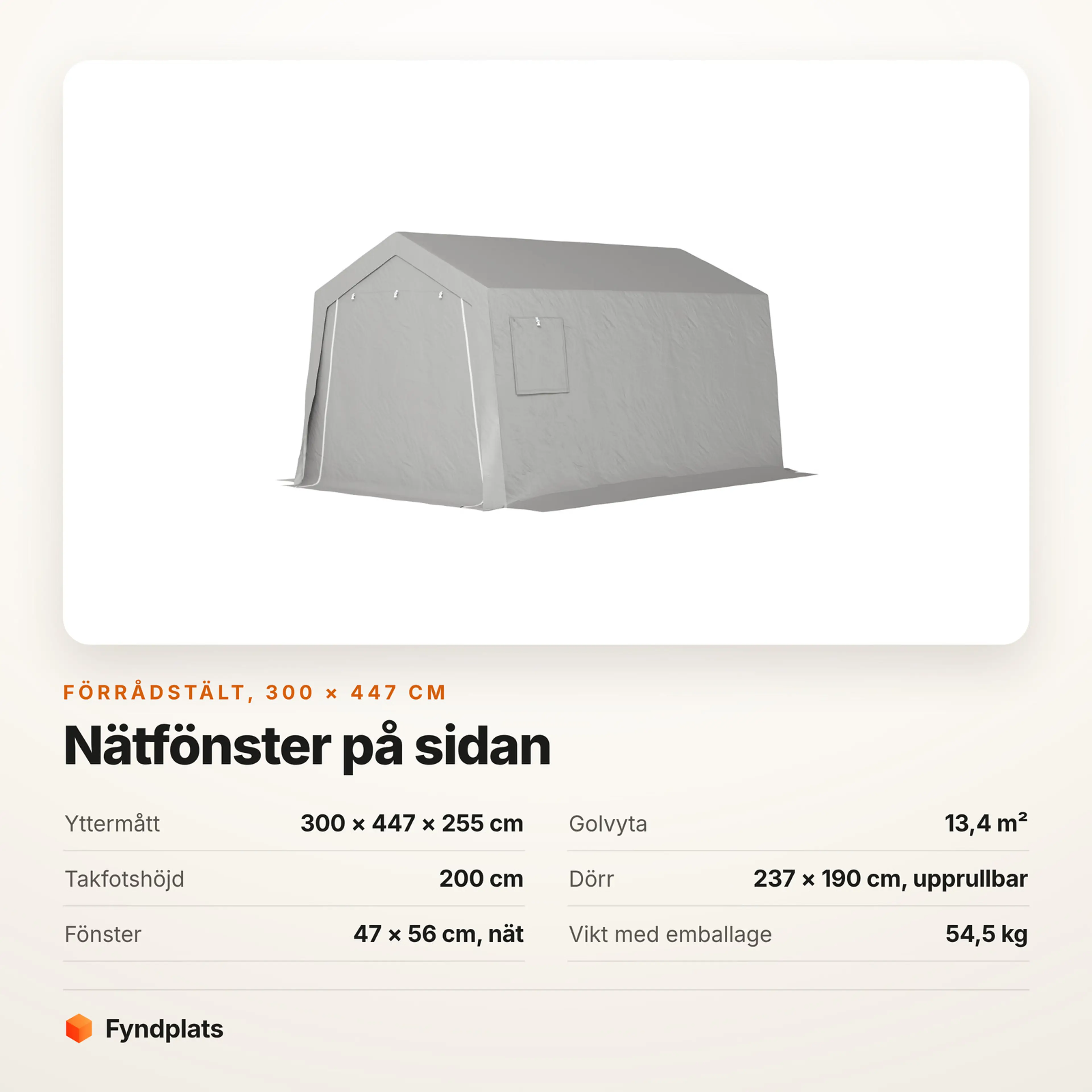 Faktakort för förrådstält 300 × 447 cm med 13,4 m² golvyta