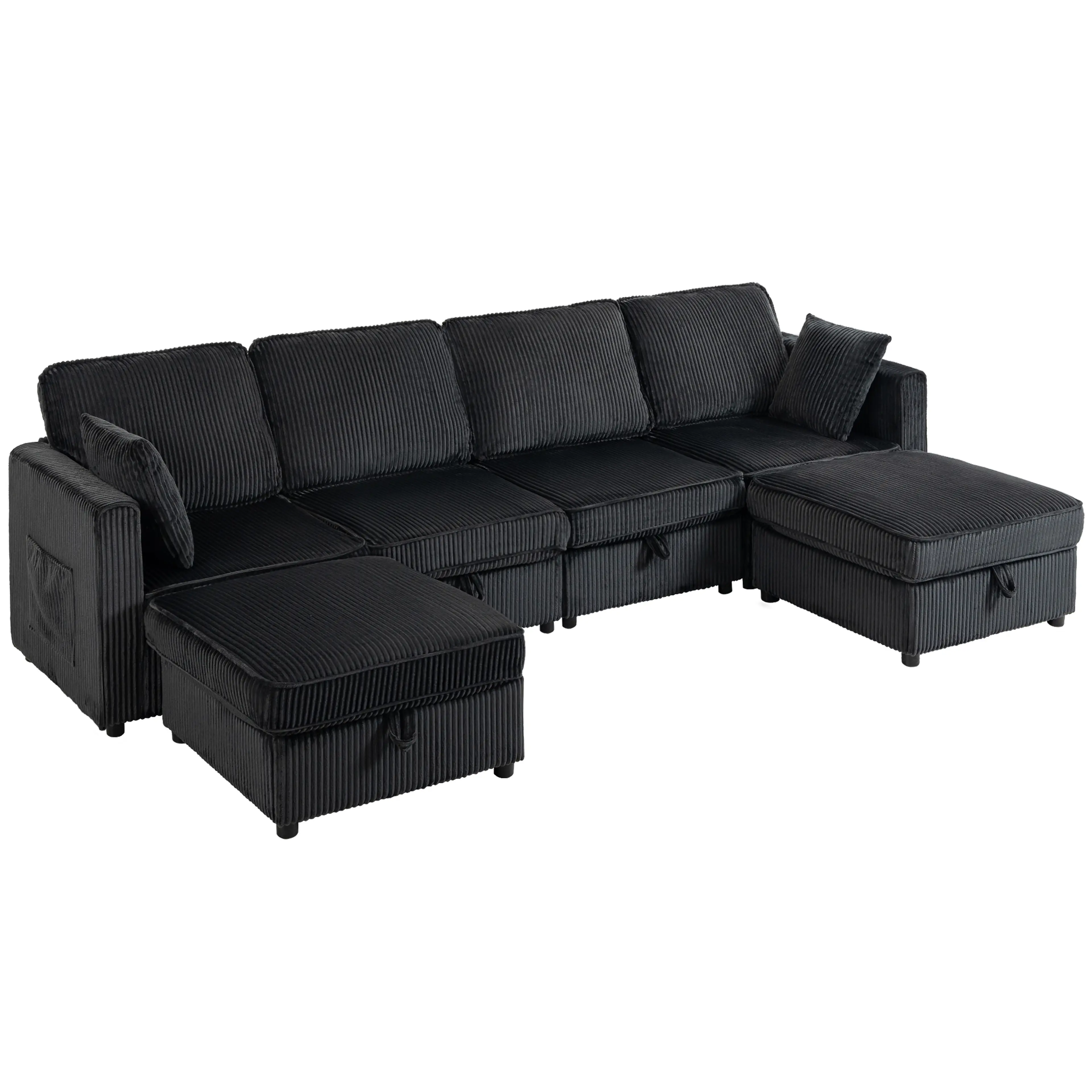 Svart modulsoffa i U-form med manchesterlook, fyra sittmoduler och två pallar