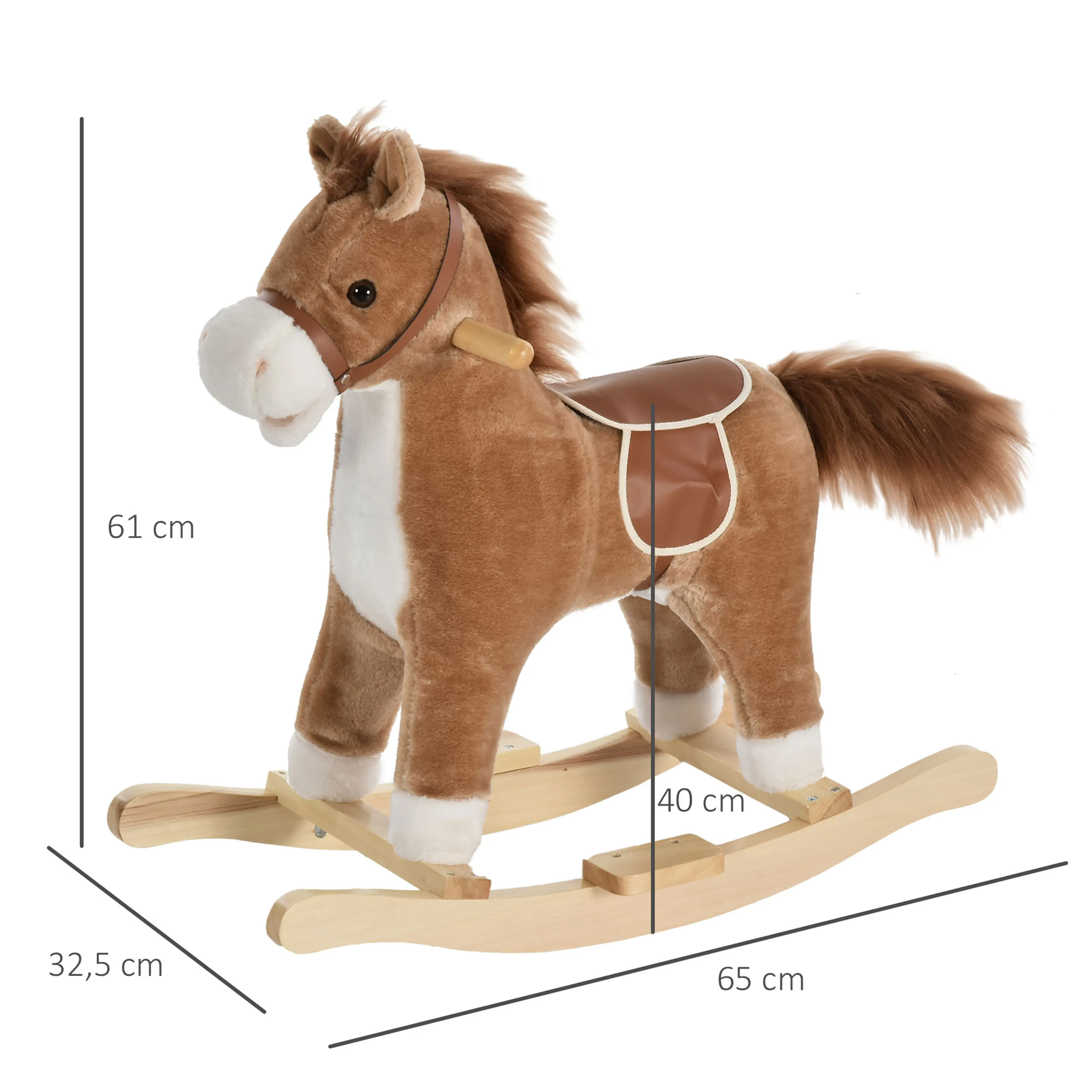 Gunghästens mått: 65 cm lång, 32,5 cm bred och 61 cm hög