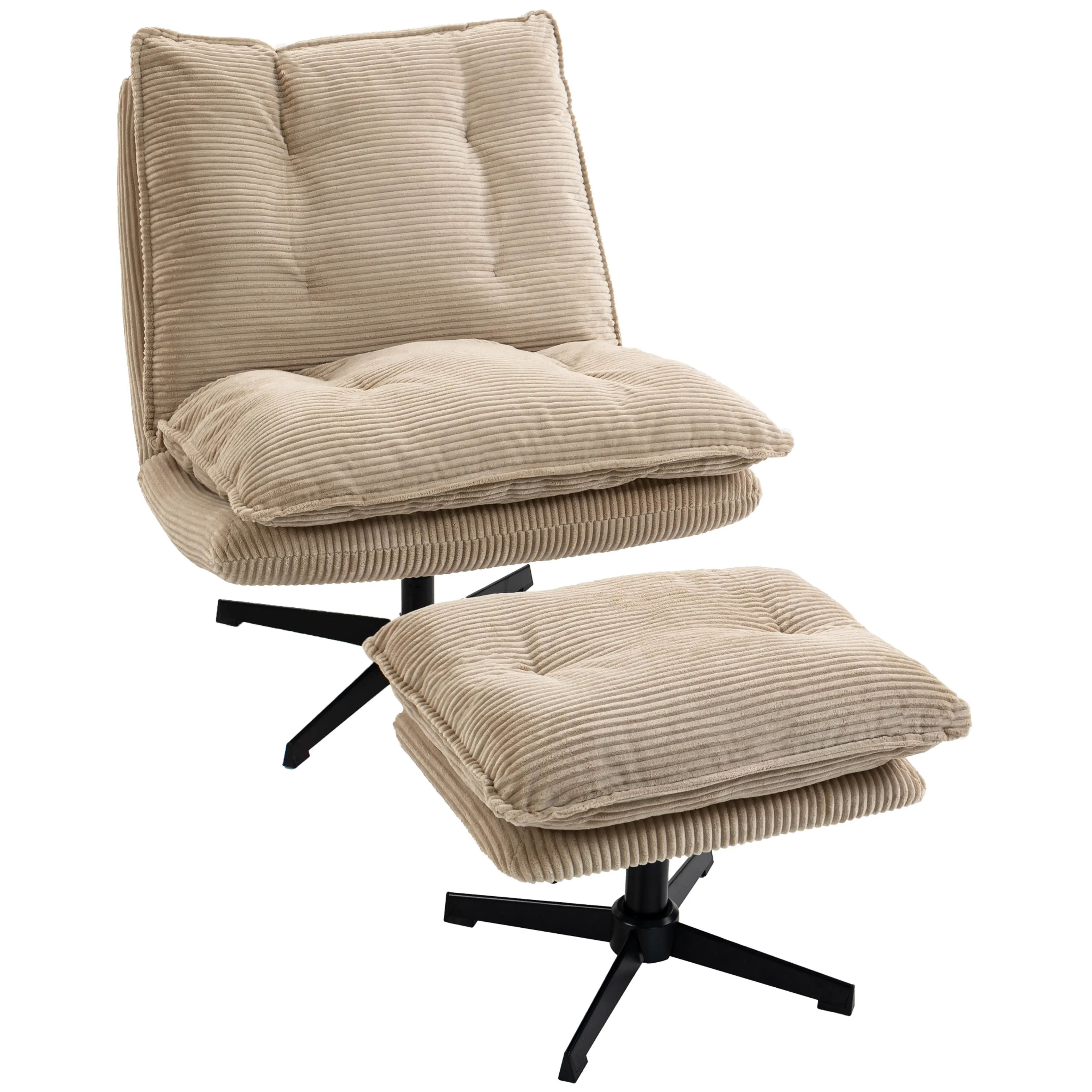 Läsfåtölj i beige manchester med fotpall – snurrbar, 20 cm tjock sits