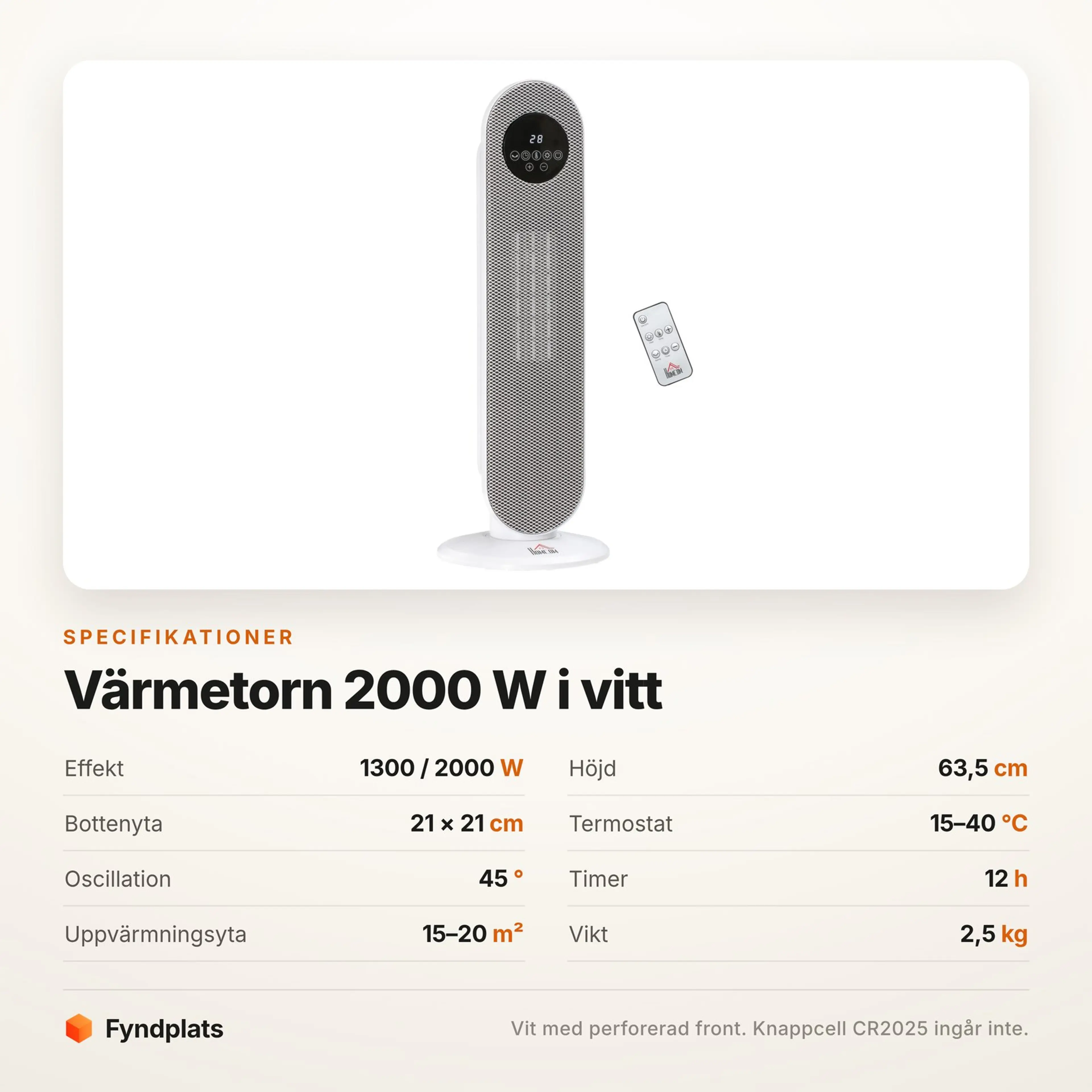 Specifikationer för värmefläkten: effekt, mått, termostat och timer