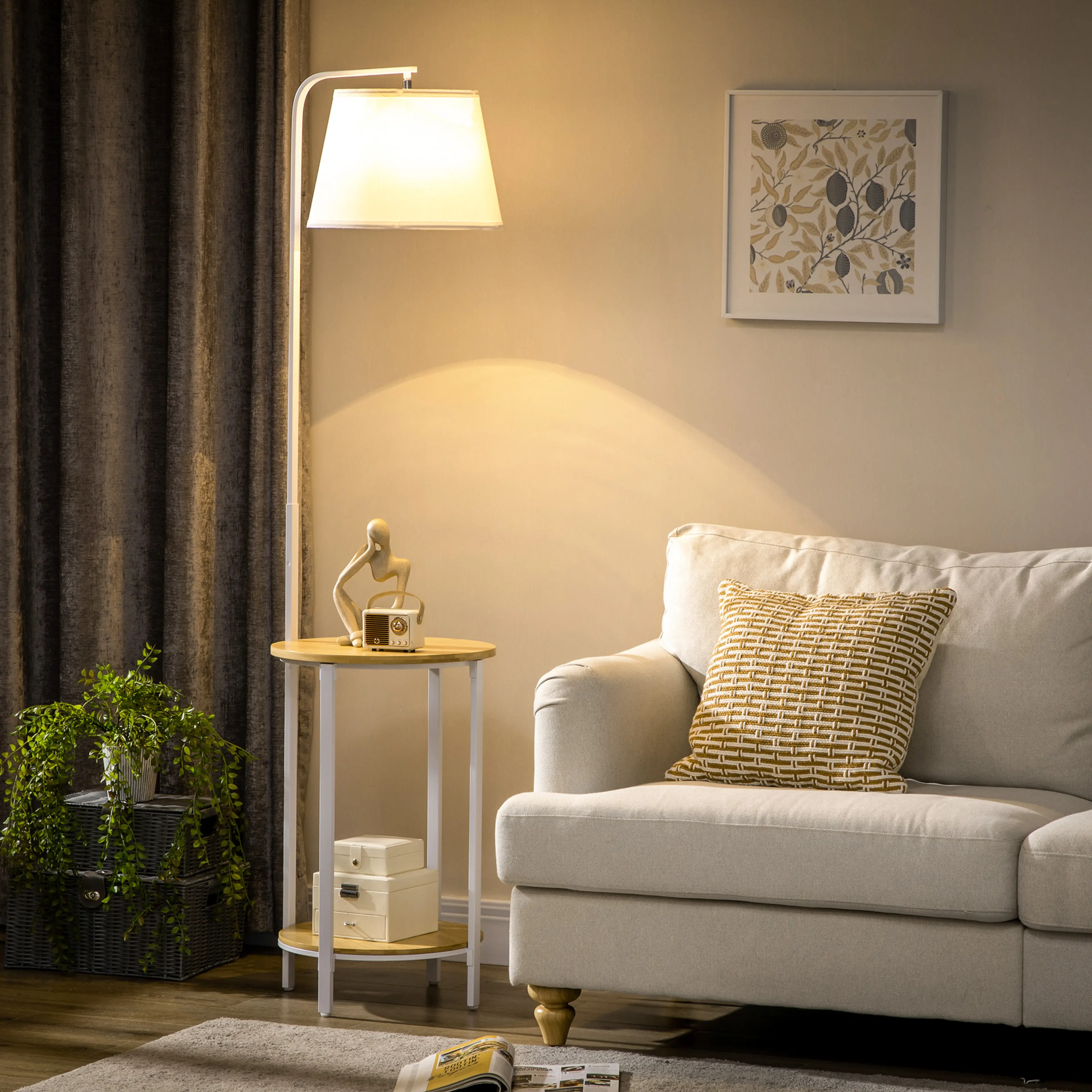 Golvlampa med bord – modern golvlampa med 2 runda avlastningsbord, E27, vit