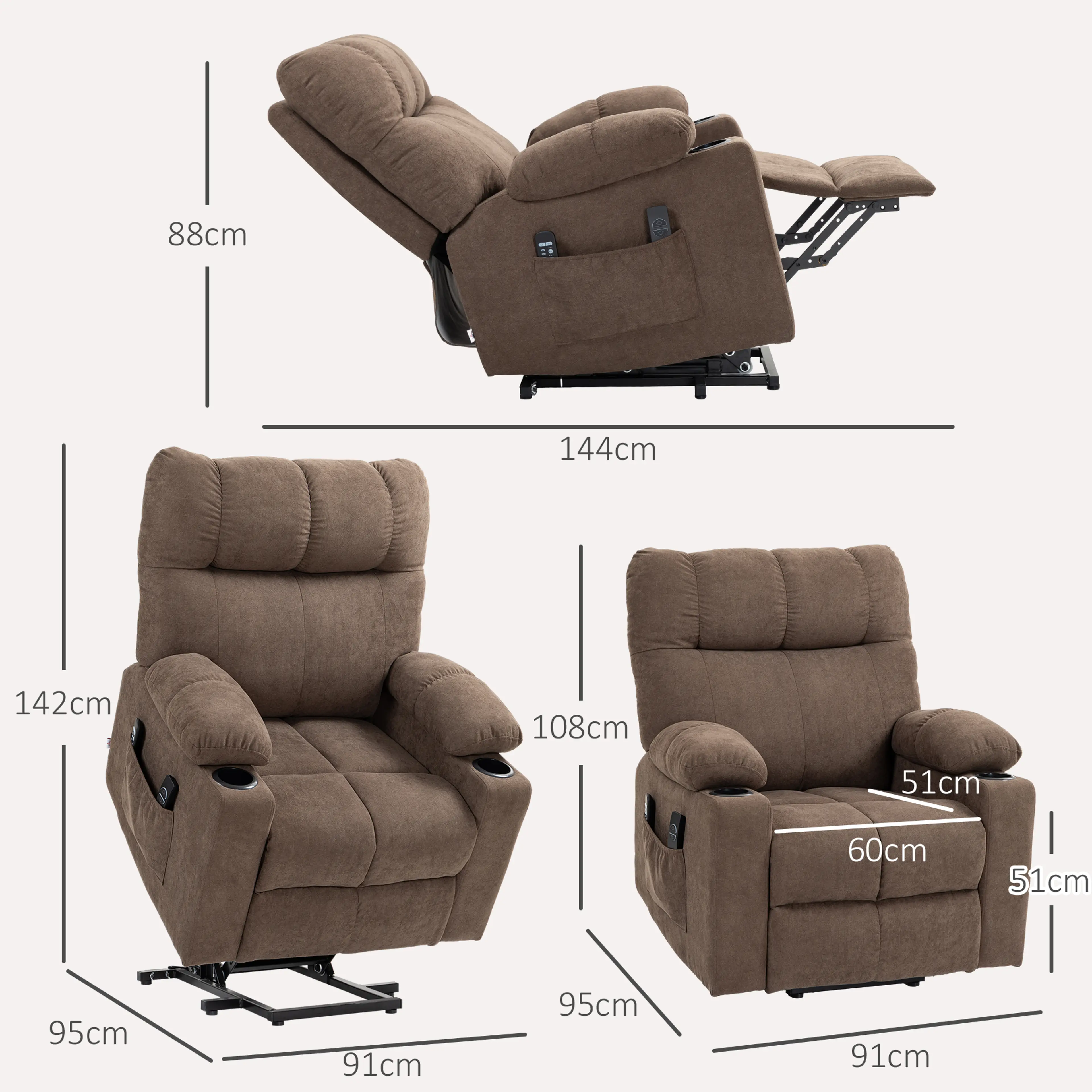 Uppresningsfåtölj brun med mugghållare – massage, ländvärme och 60 cm sits – bild 4
